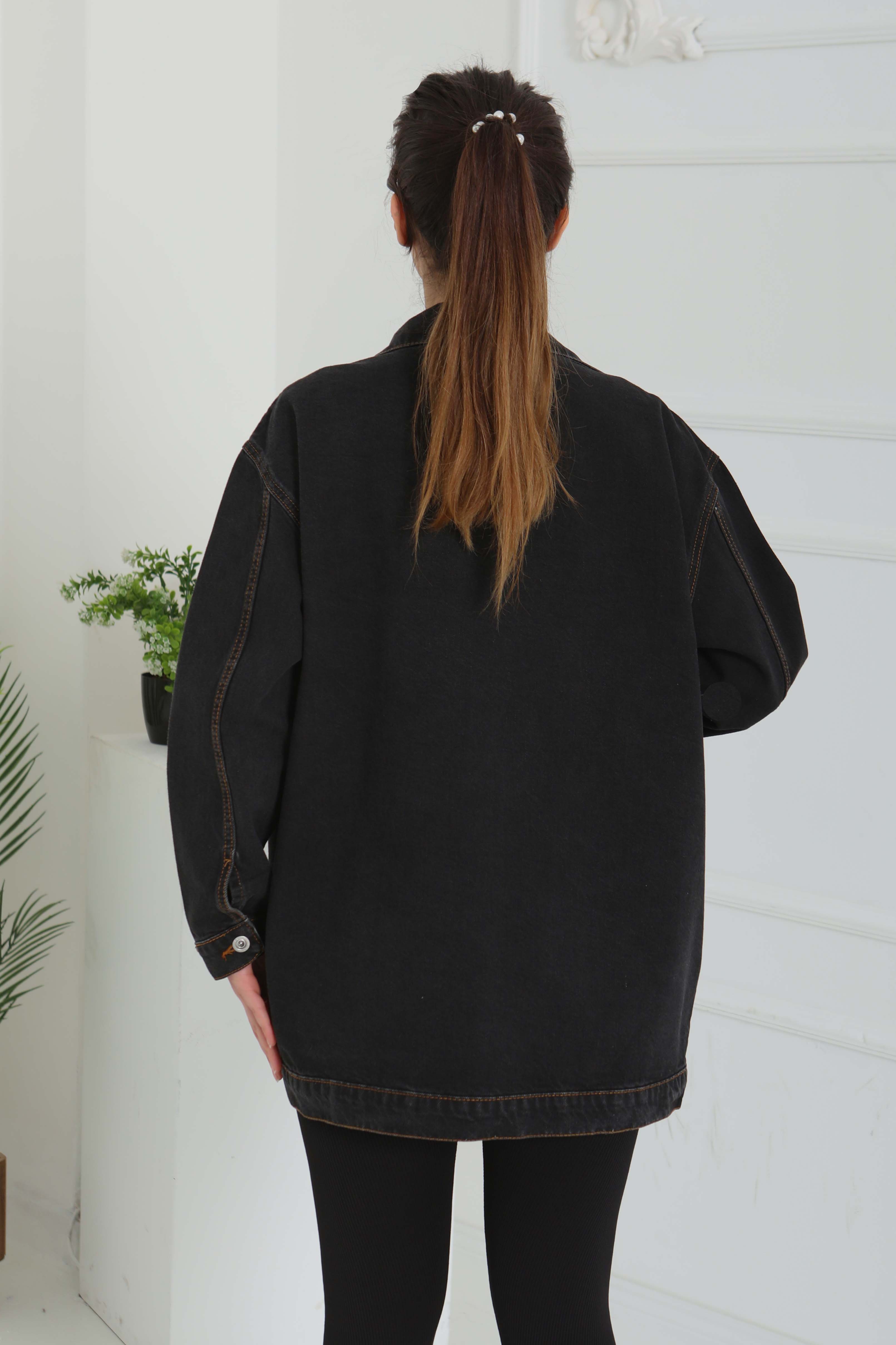 Kadın Omuz Taş Detaylı Oversize Kot Ceket - 26616 - 7