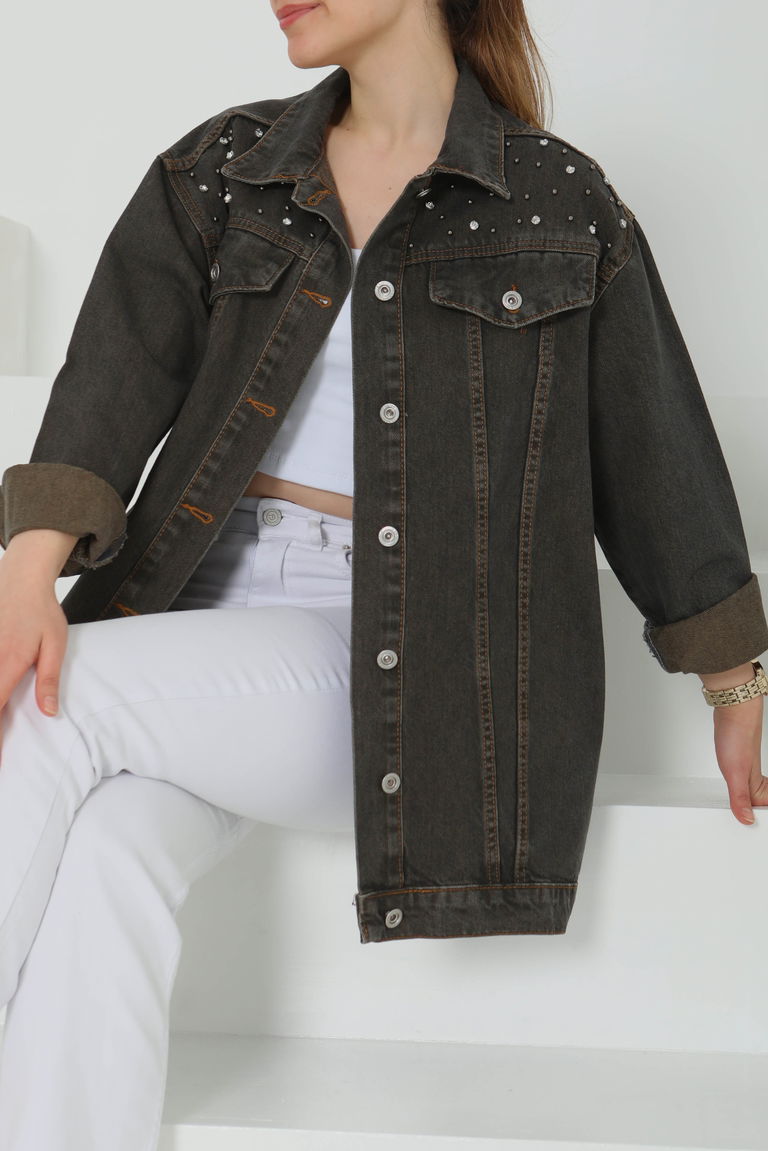 Kadın Omuz Taş Detaylı Oversize Kot Ceket - 27198 - TOFİSA