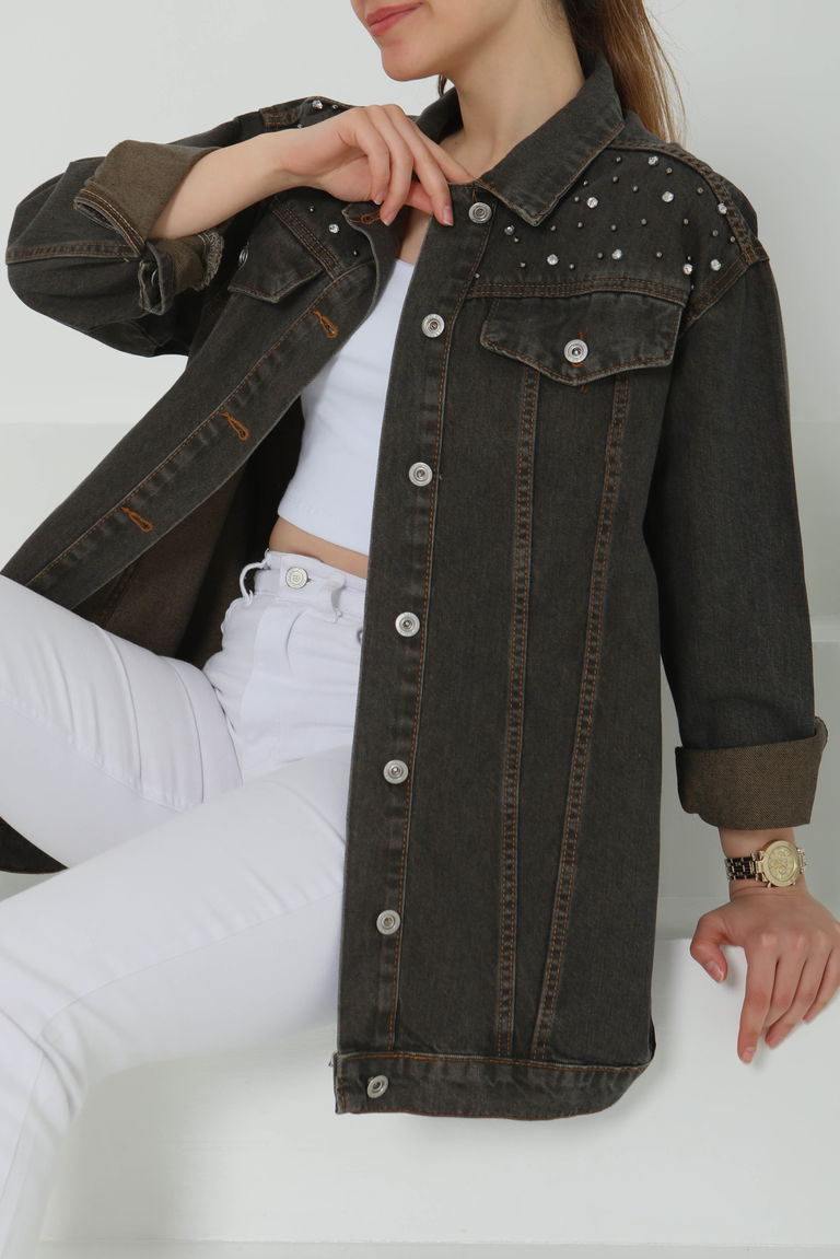 Kadın Omuz Taş Detaylı Oversize Kot Ceket - 26616 - TOFİSA