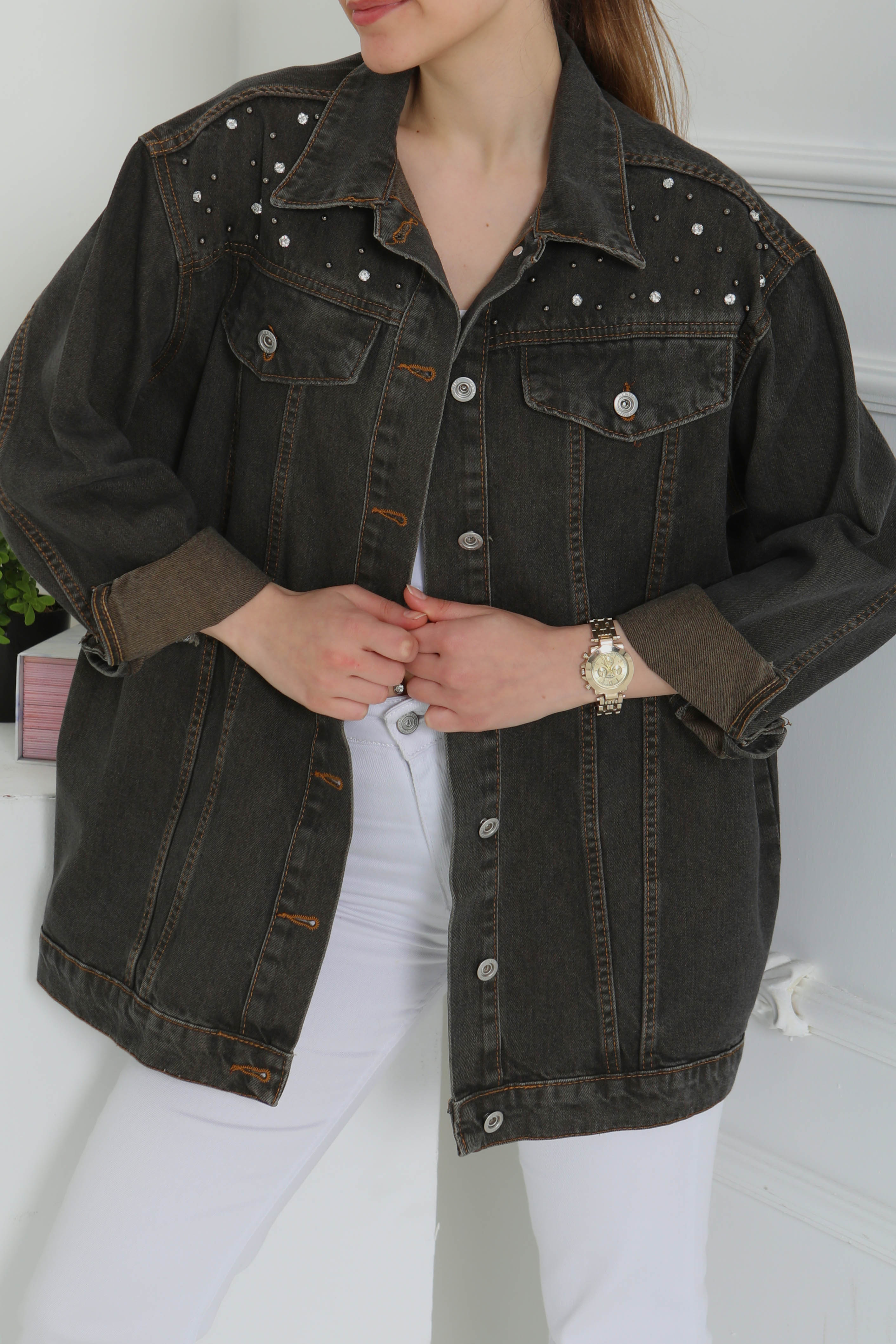 Kadın Omuz Taş Detaylı Oversize Kot Ceket - 26616 - 2