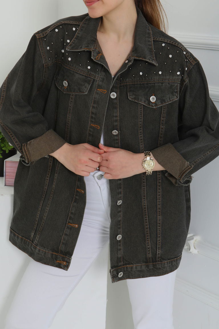 Kadın Omuz Taş Detaylı Oversize Kot Ceket - 26616 - TOFİSA