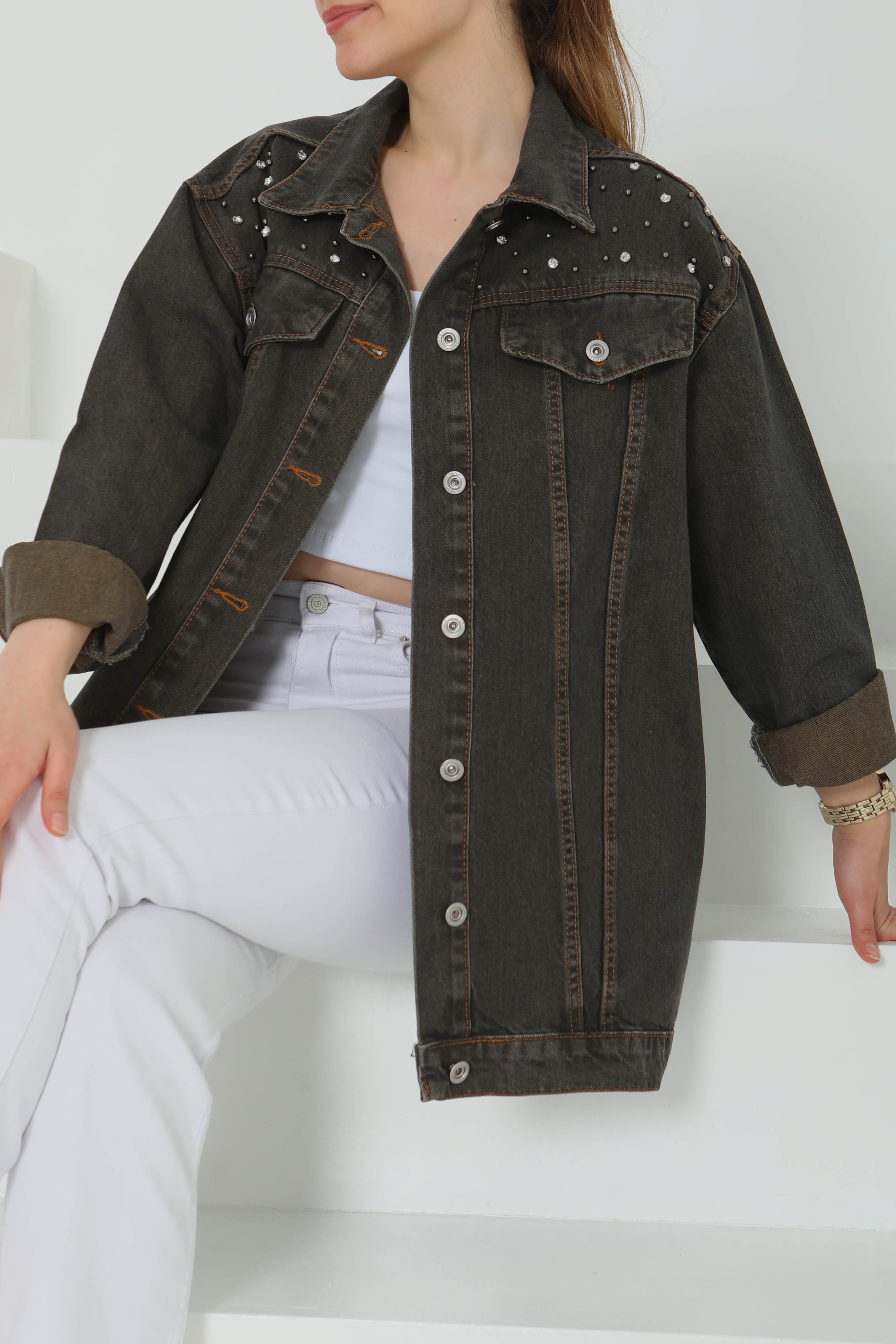 Kadın Omuz Taş Detaylı Oversize Kot Ceket - 26616 - 3