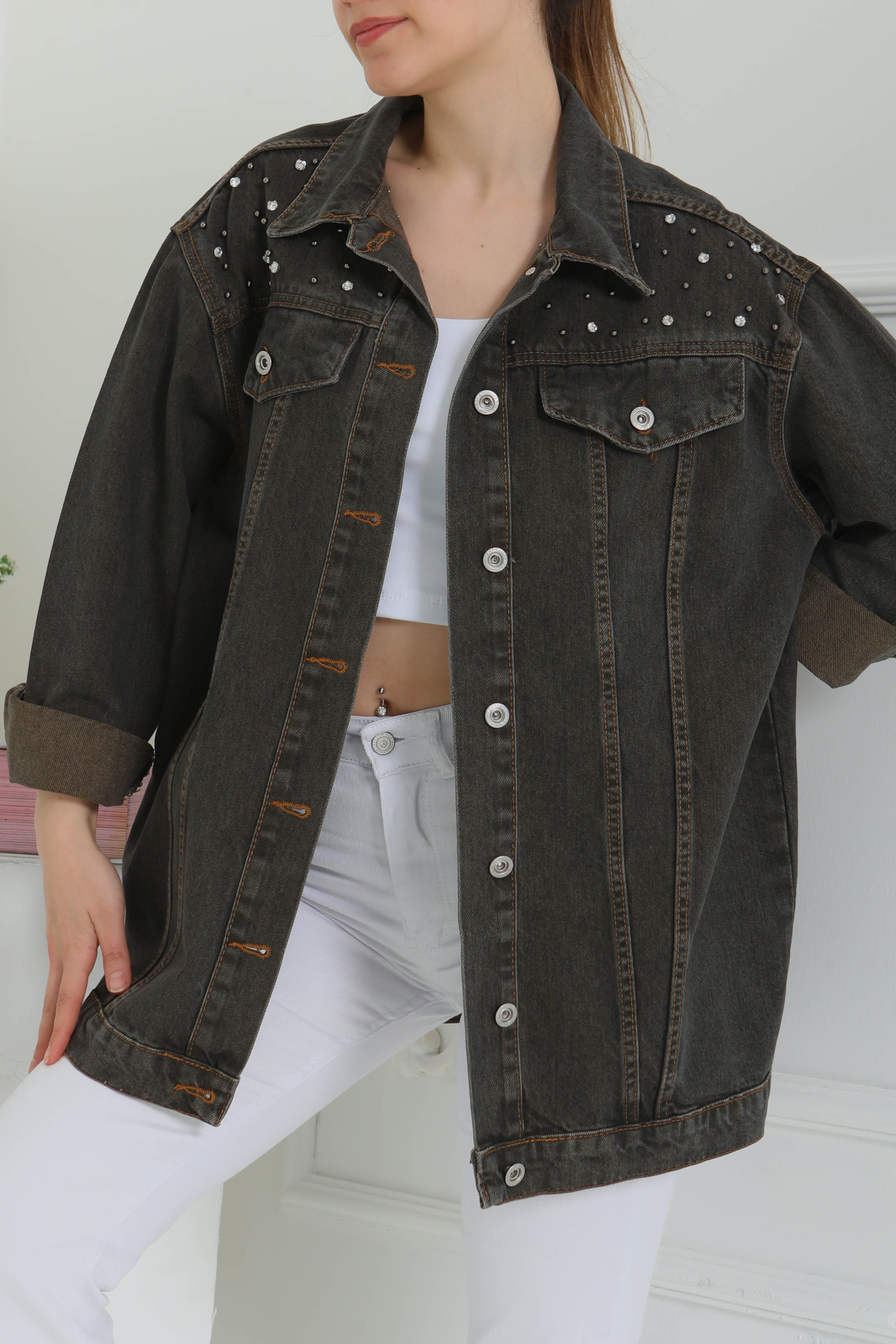 Kadın Omuz Taş Detaylı Oversize Kot Ceket - 26616 - 4