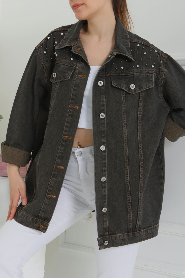 Kadın Omuz Taş Detaylı Oversize Kot Ceket - 26616 - TOFİSA