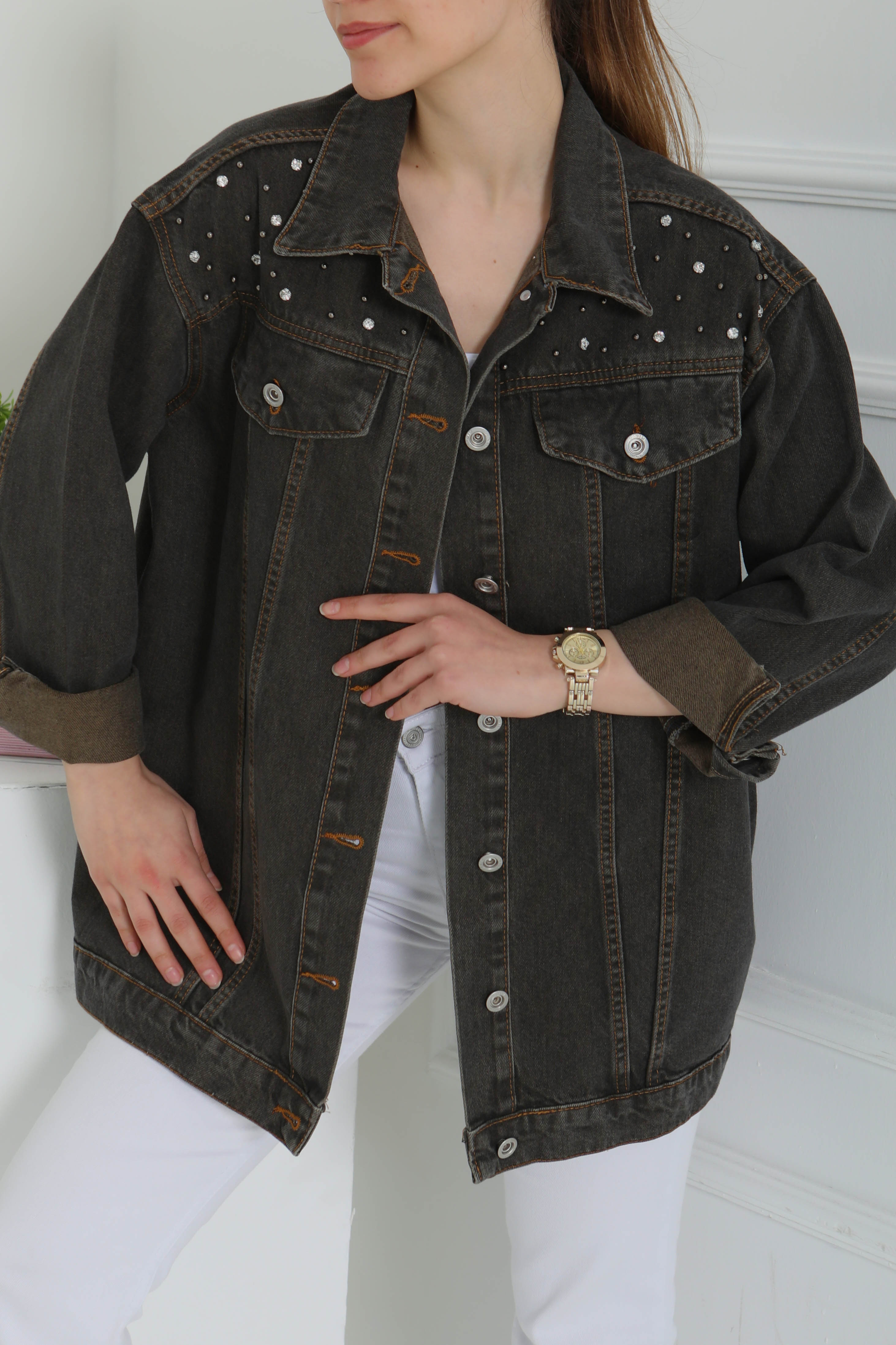Kadın Omuz Taş Detaylı Oversize Kot Ceket - 26616 - 5