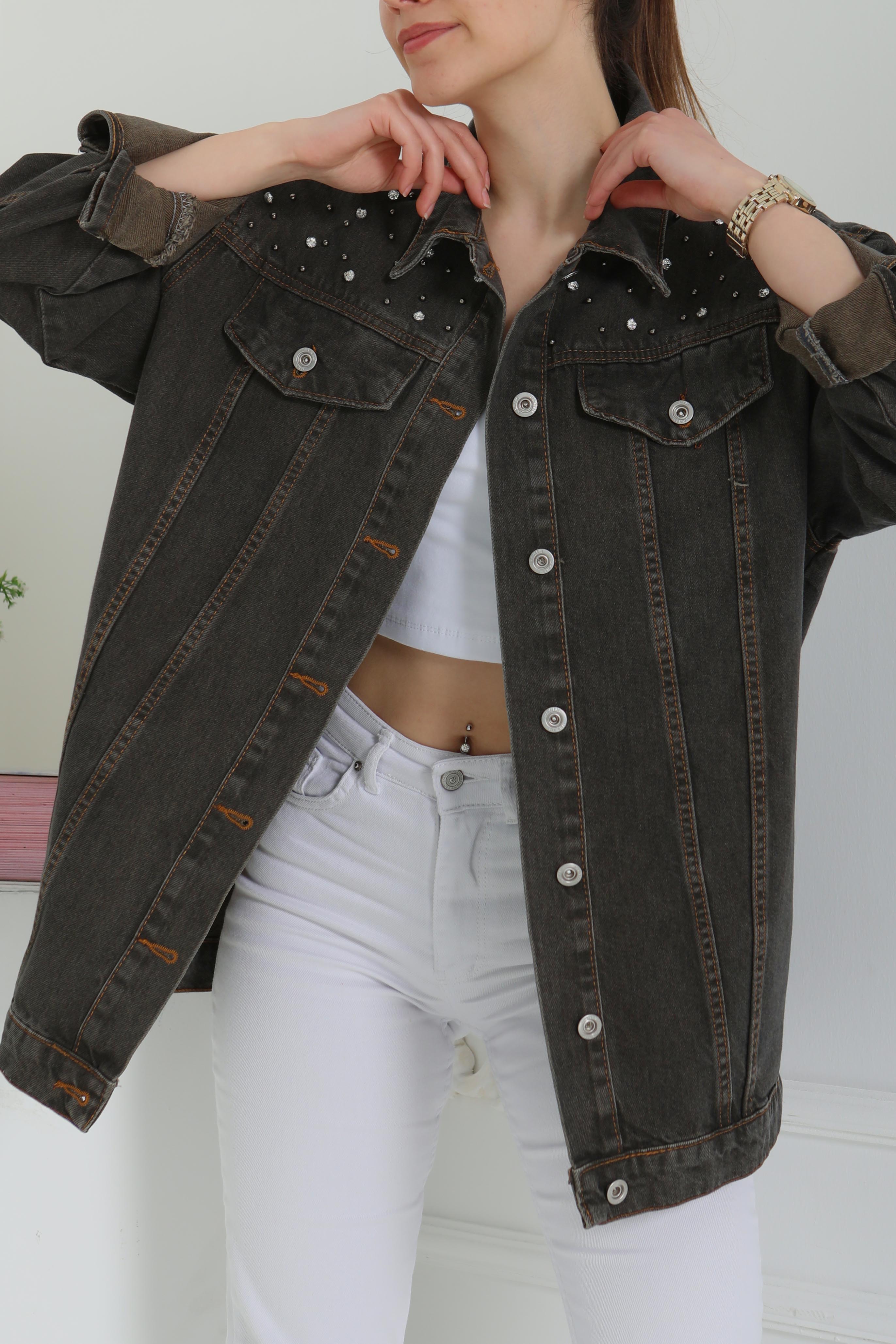 Kadın Omuz Taş Detaylı Oversize Kot Ceket - 26616 - 6