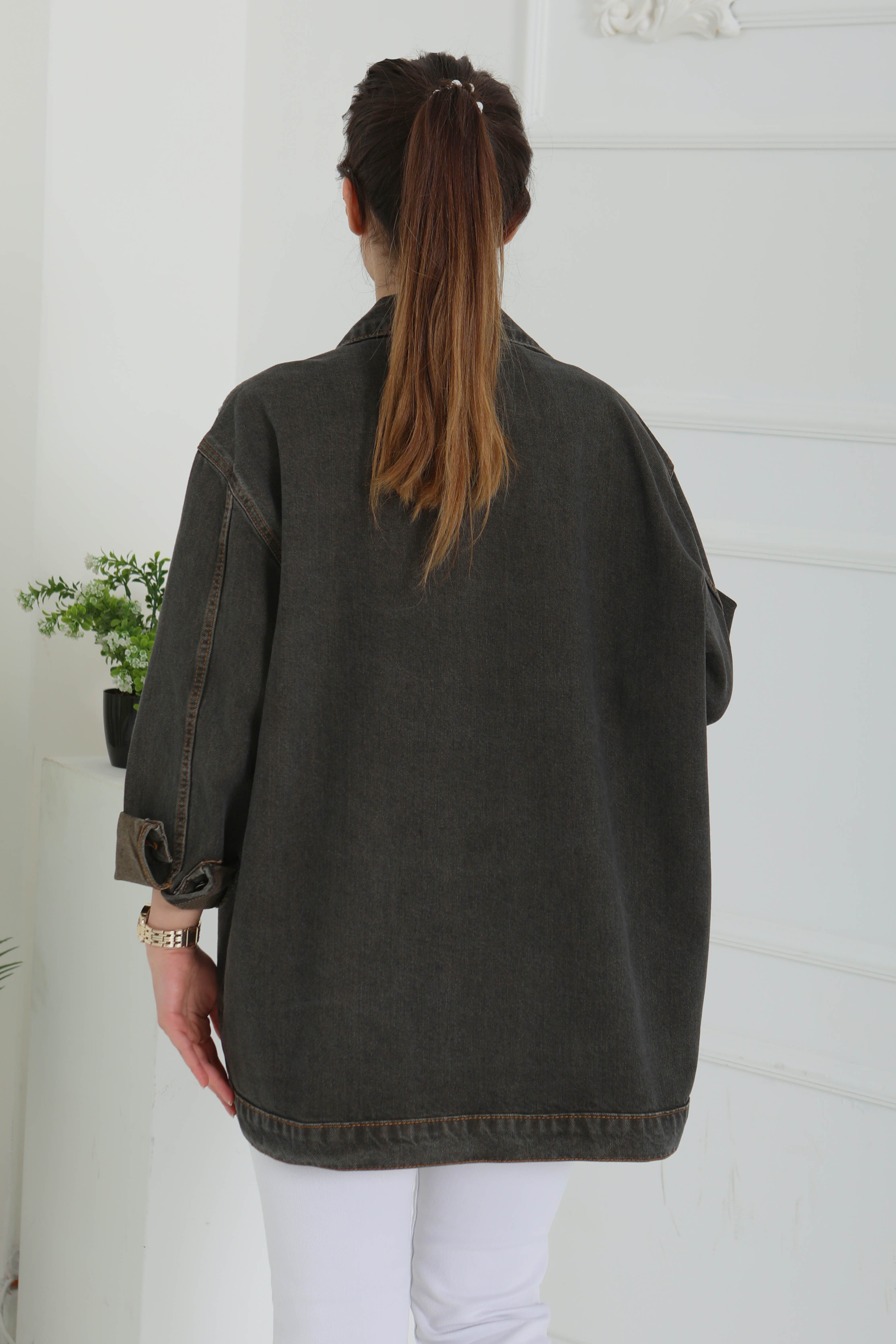 Kadın Omuz Taş Detaylı Oversize Kot Ceket - 26616 - 7