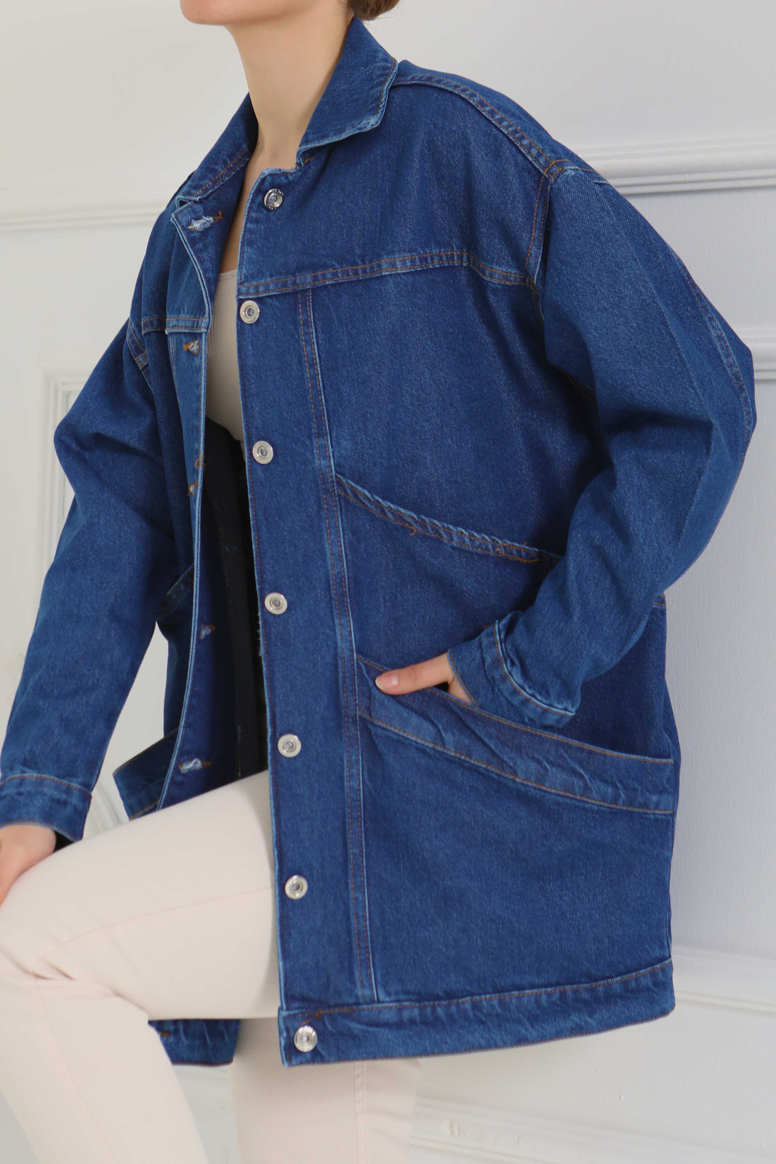 Kadın Oversize Çift Cep Detaylı Kot Ceket - 26589 - 1