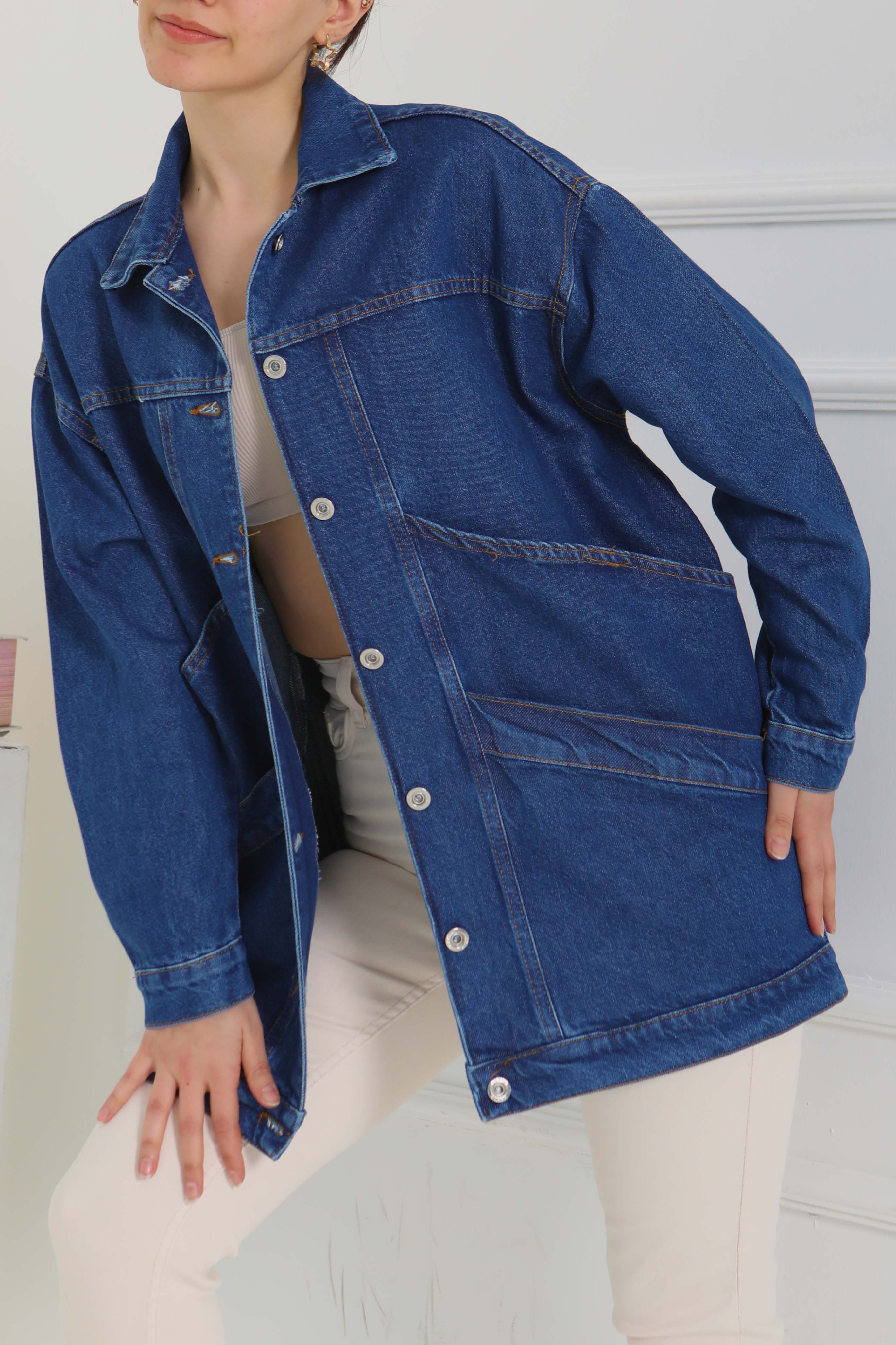 Kadın Oversize Çift Cep Detaylı Kot Ceket - 26589 - 2