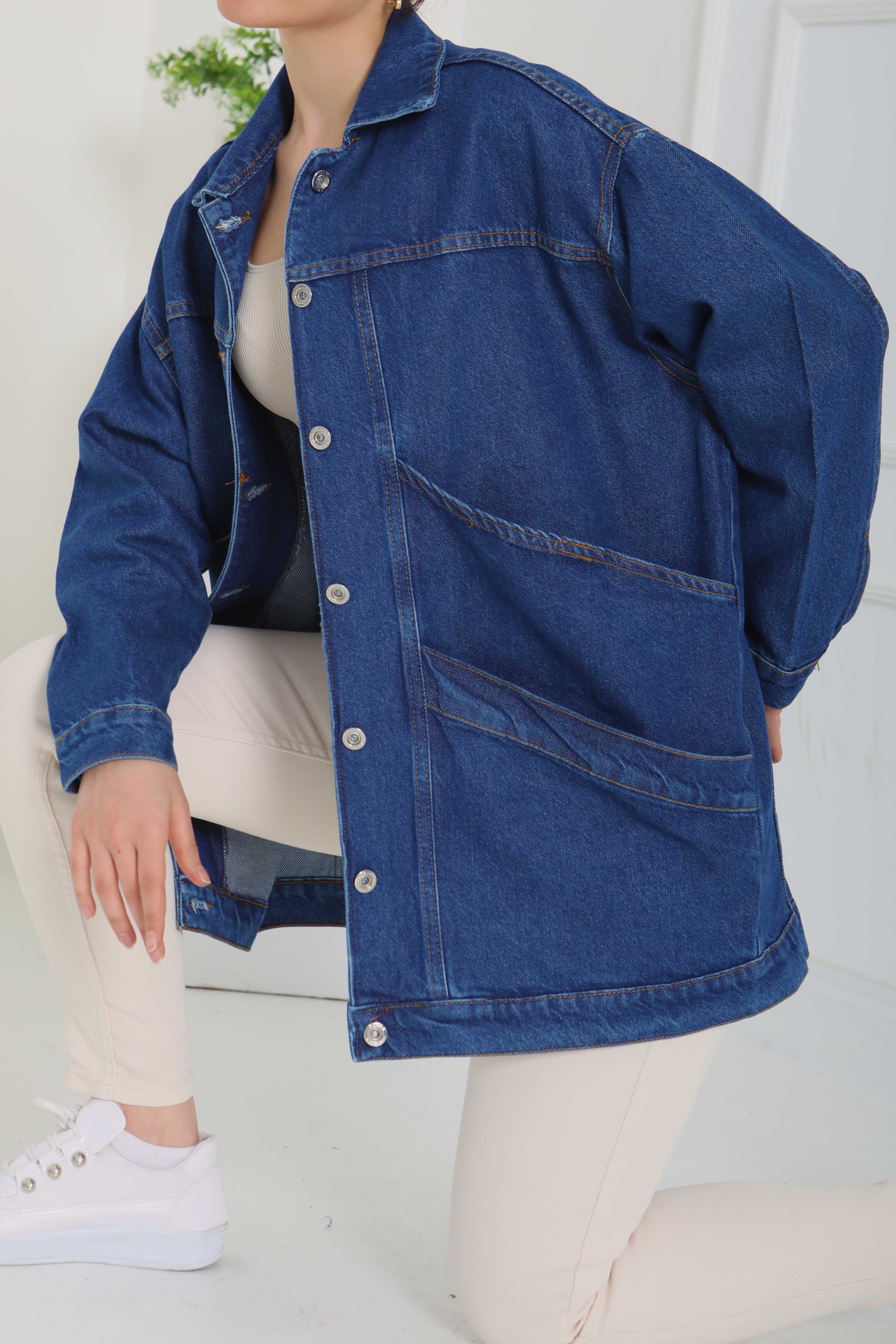 Kadın Oversize Çift Cep Detaylı Kot Ceket - 26589 - 3