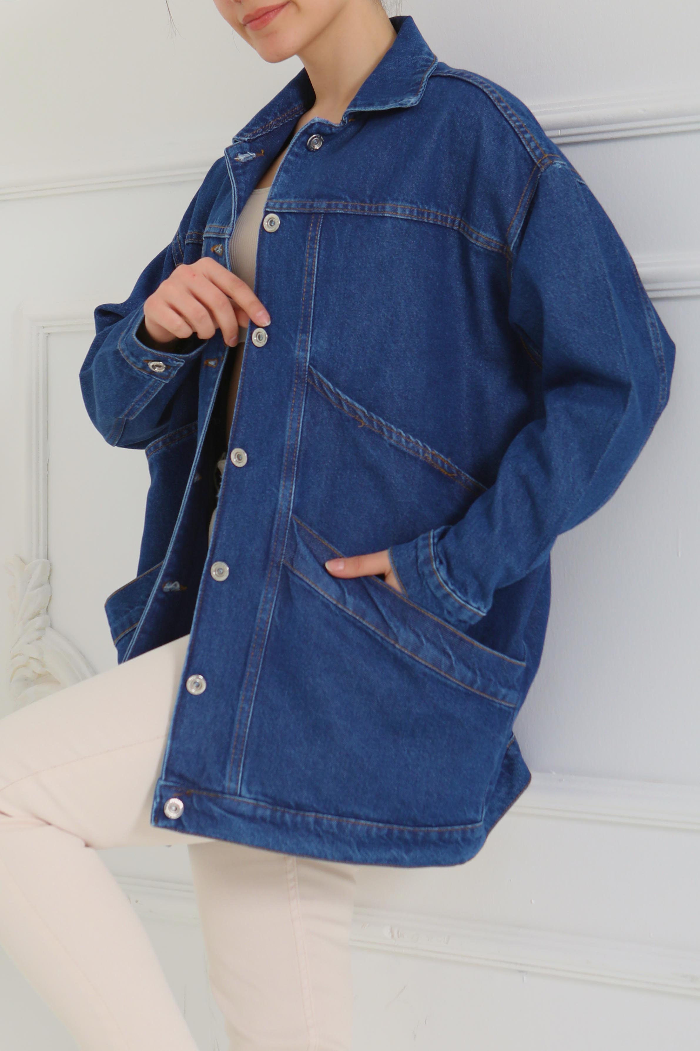 Kadın Oversize Çift Cep Detaylı Kot Ceket - 26589 - 4