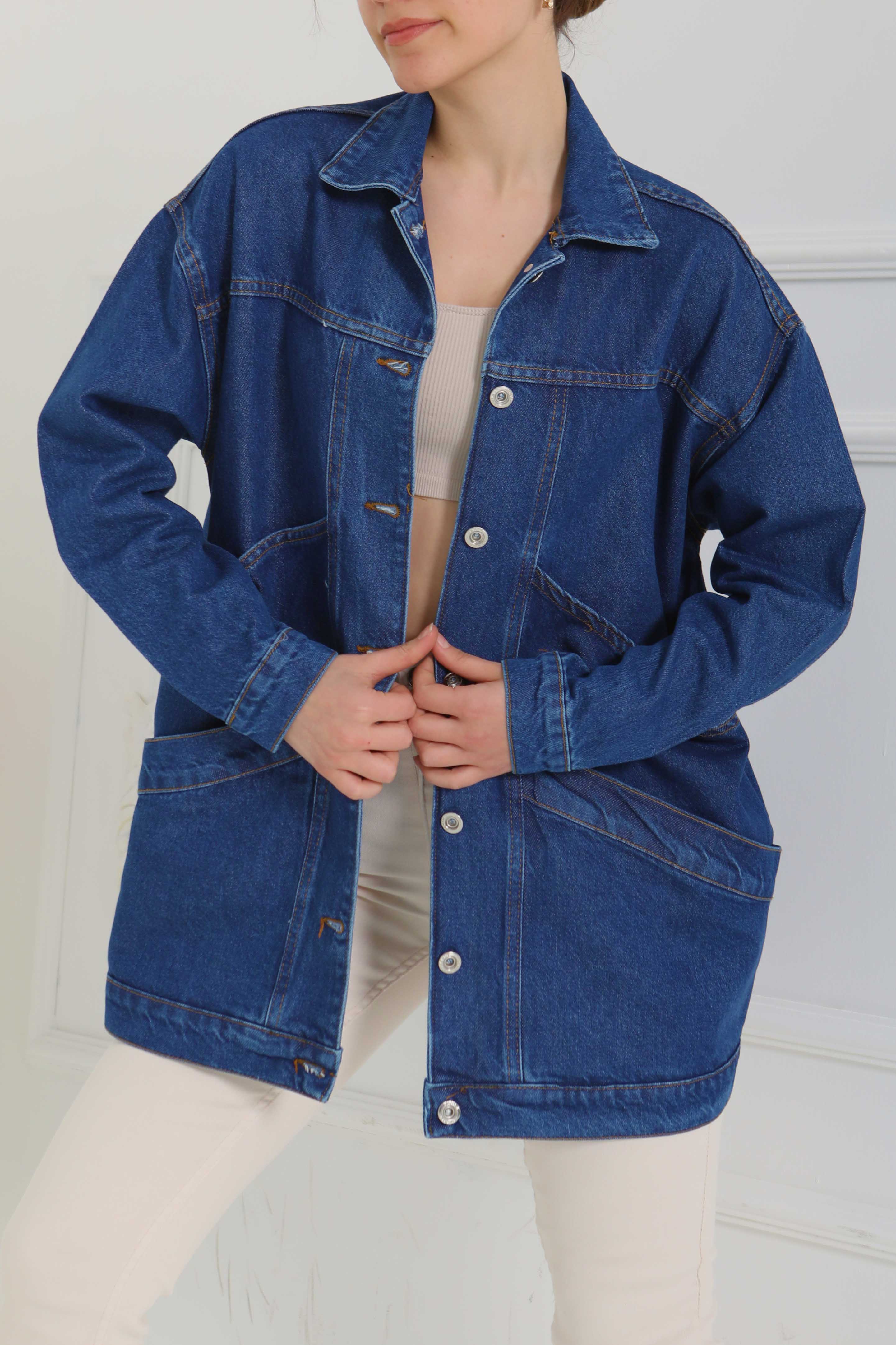 Kadın Oversize Çift Cep Detaylı Kot Ceket - 26589 - 5