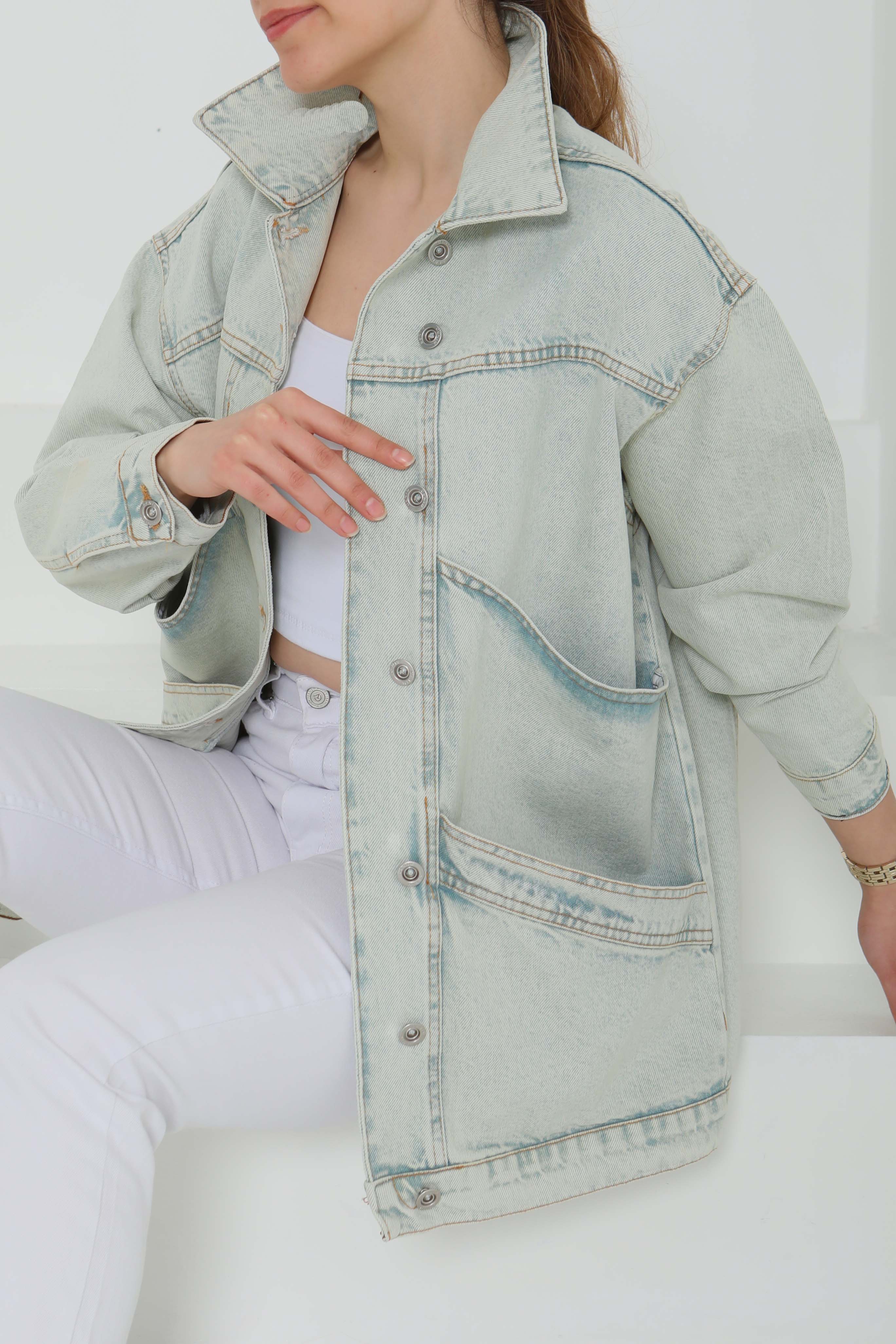 Kadın Oversize Çift Cep Detaylı Kot Ceket - 26589 - 2
