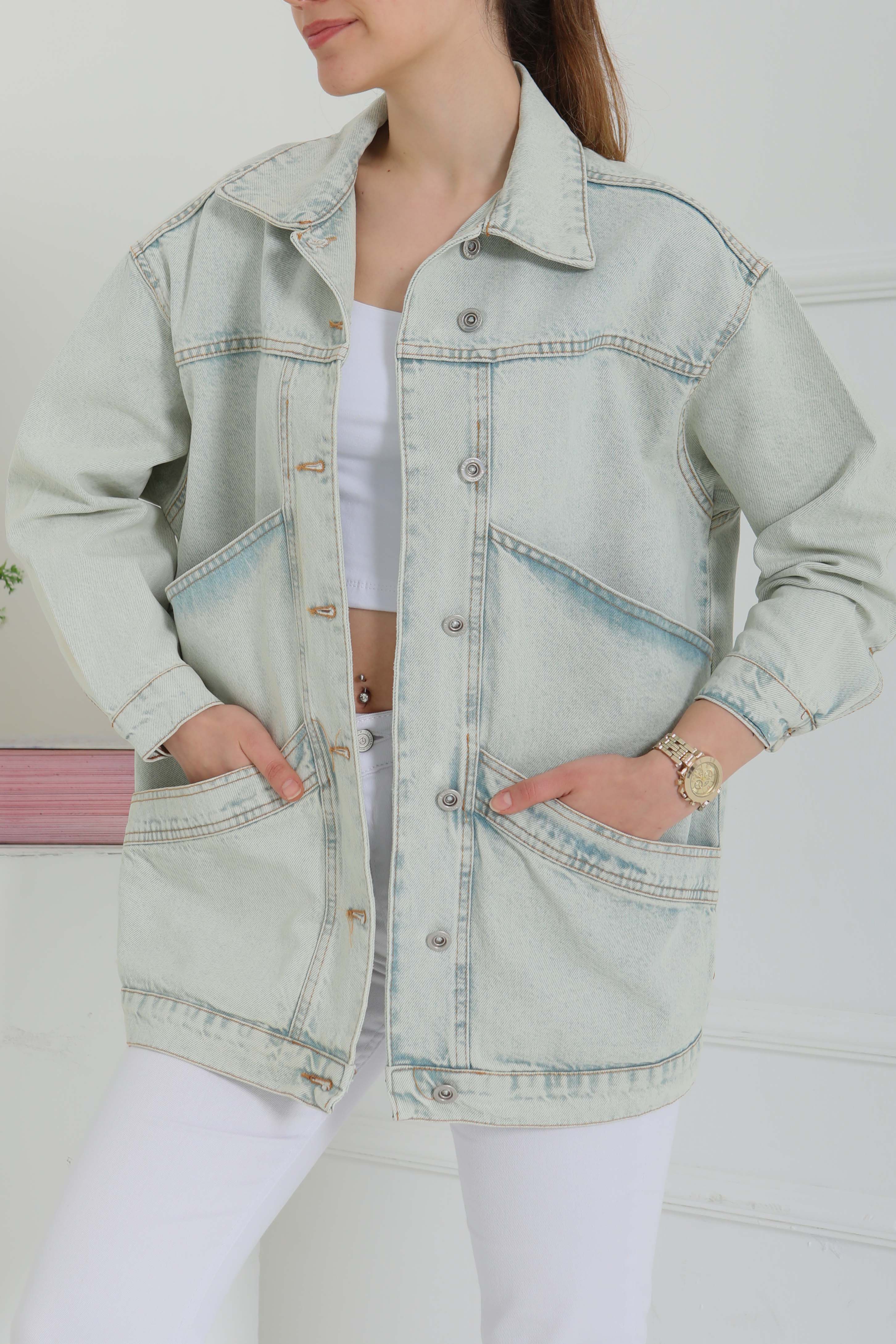 Kadın Oversize Çift Cep Detaylı Kot Ceket - 26589 - 3