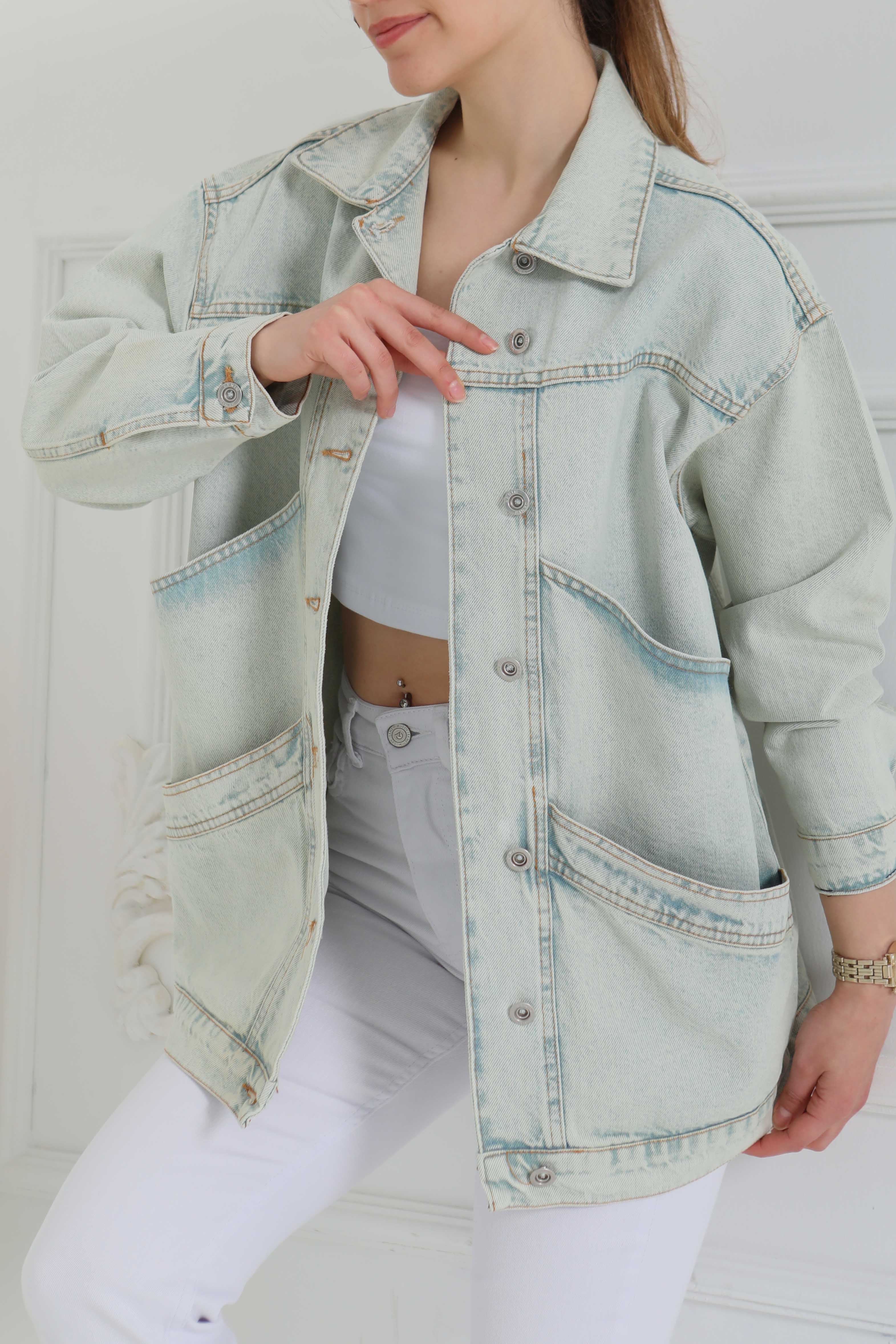 Kadın Oversize Çift Cep Detaylı Kot Ceket - 26589 - 4