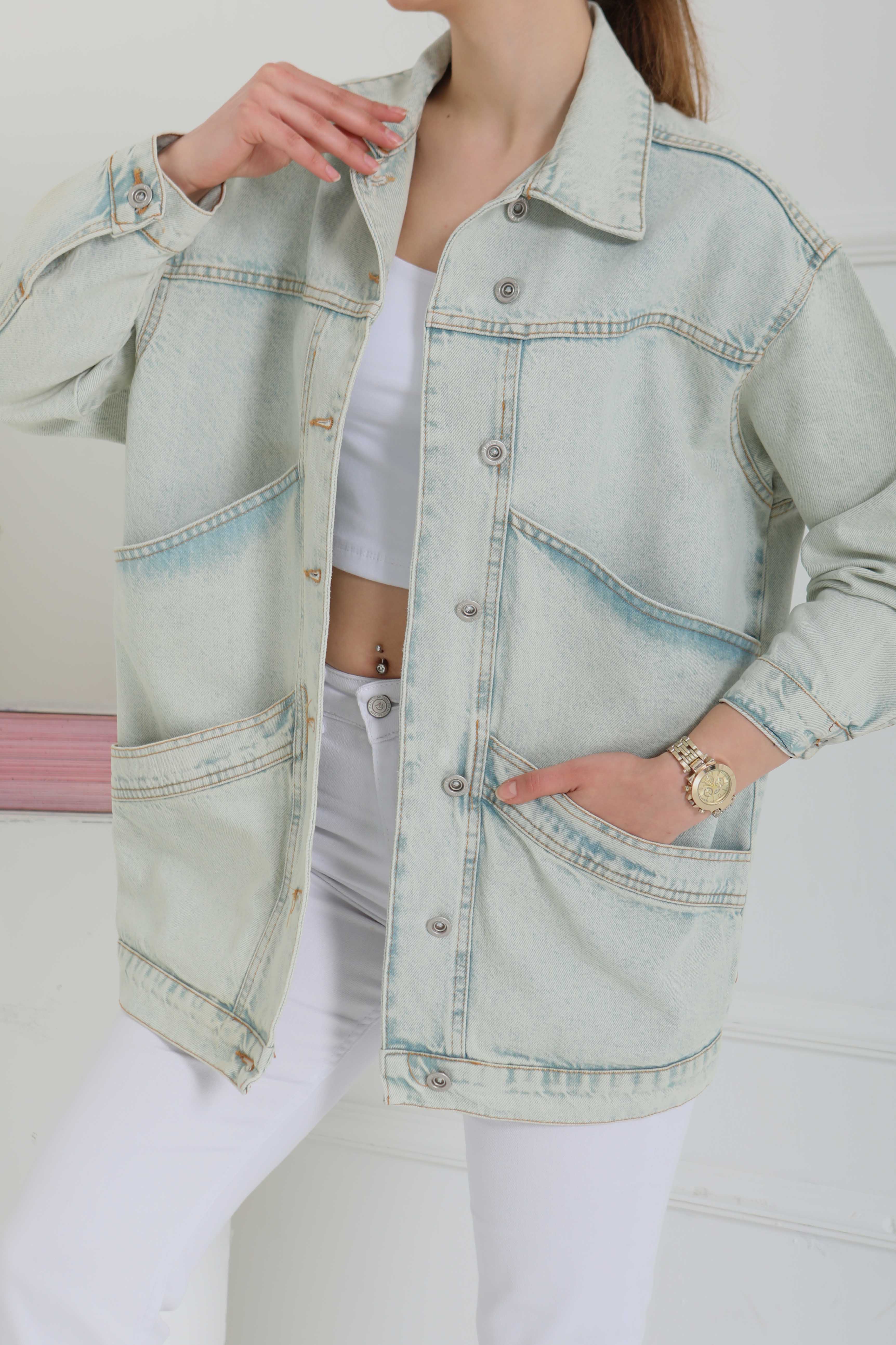 Kadın Oversize Çift Cep Detaylı Kot Ceket - 26589 - 5