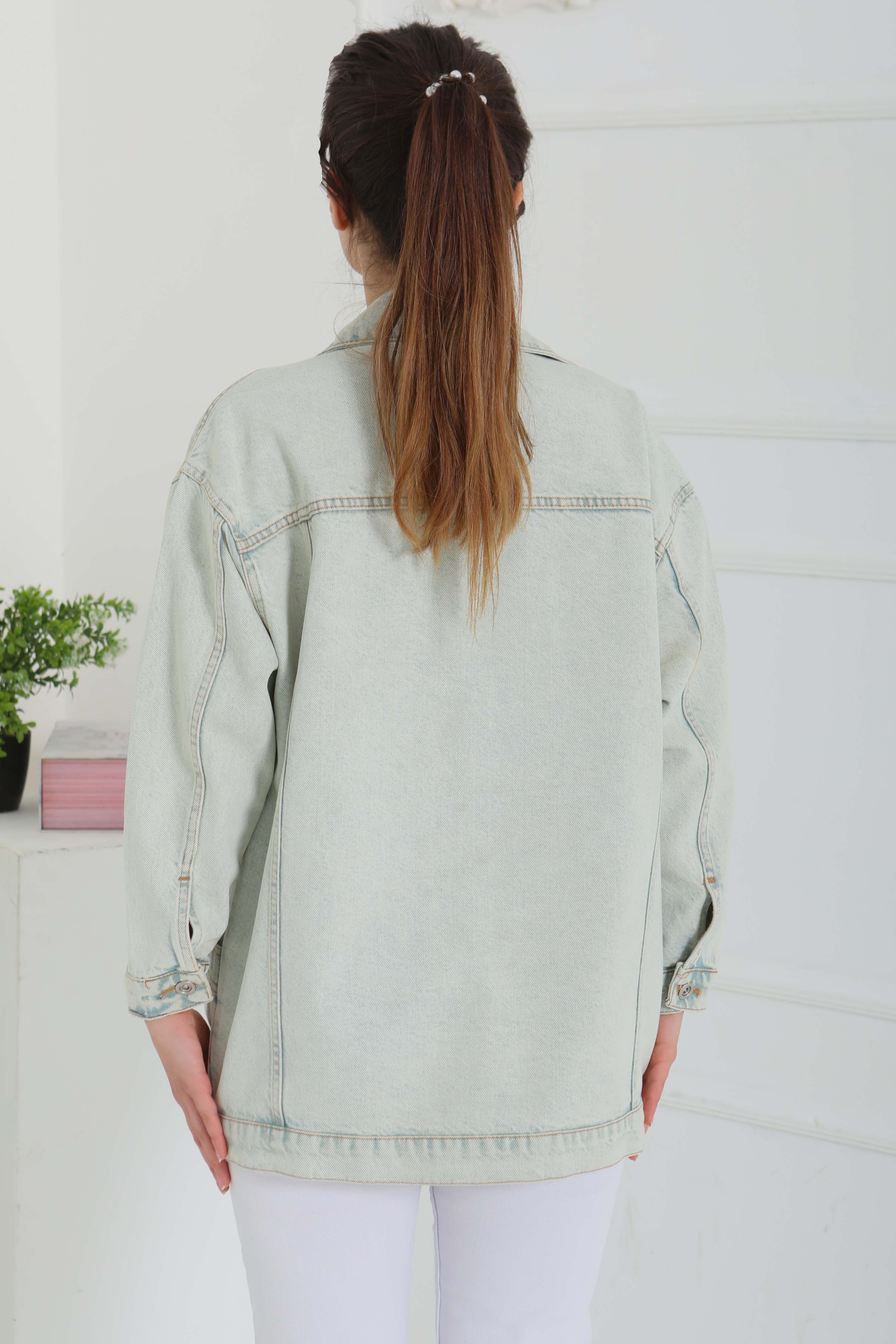 Kadın Oversize Çift Cep Detaylı Kot Ceket - 26589 - 7