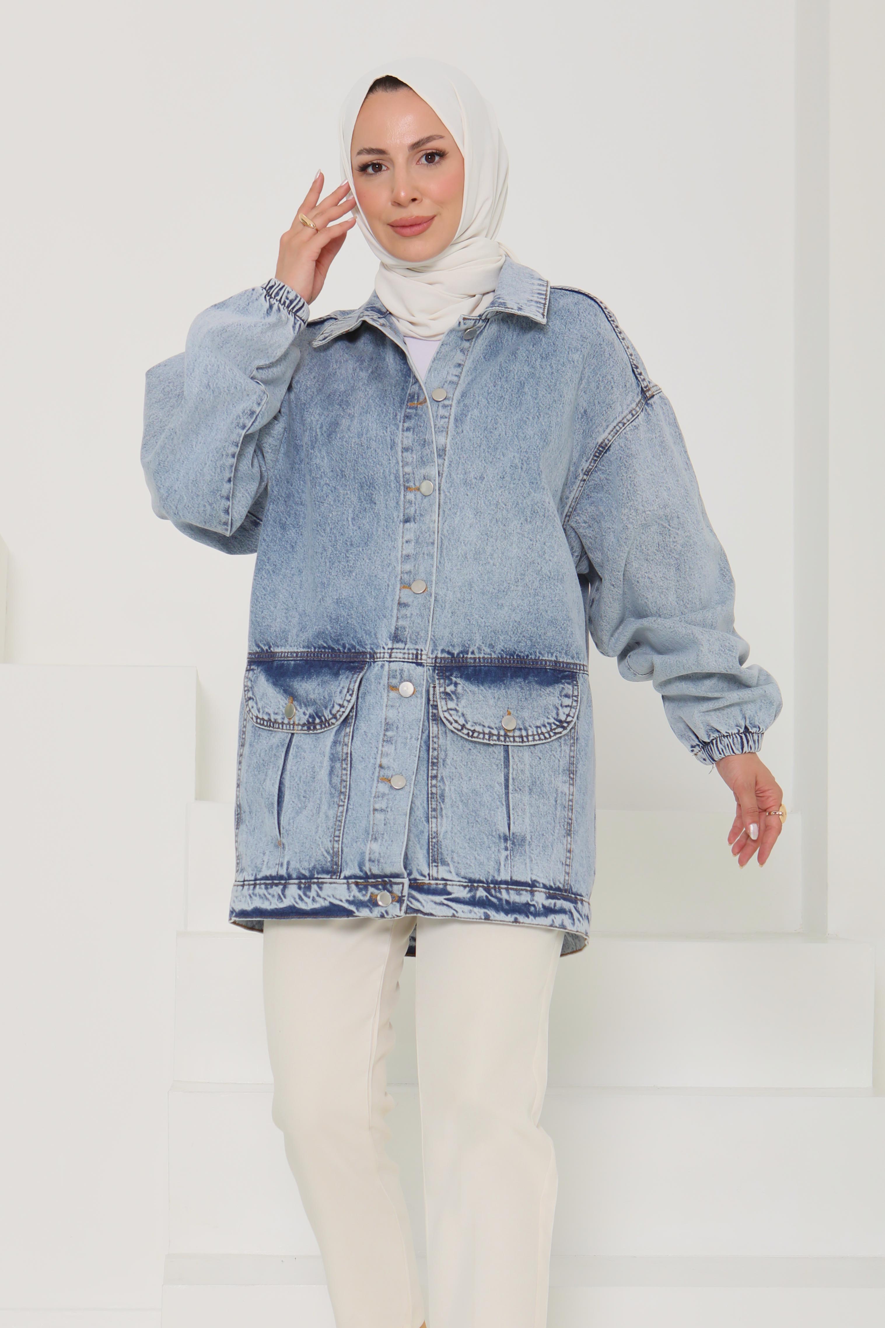 Kadın Oversize Körüklü Cep Kot Ceket - 26578 - 2