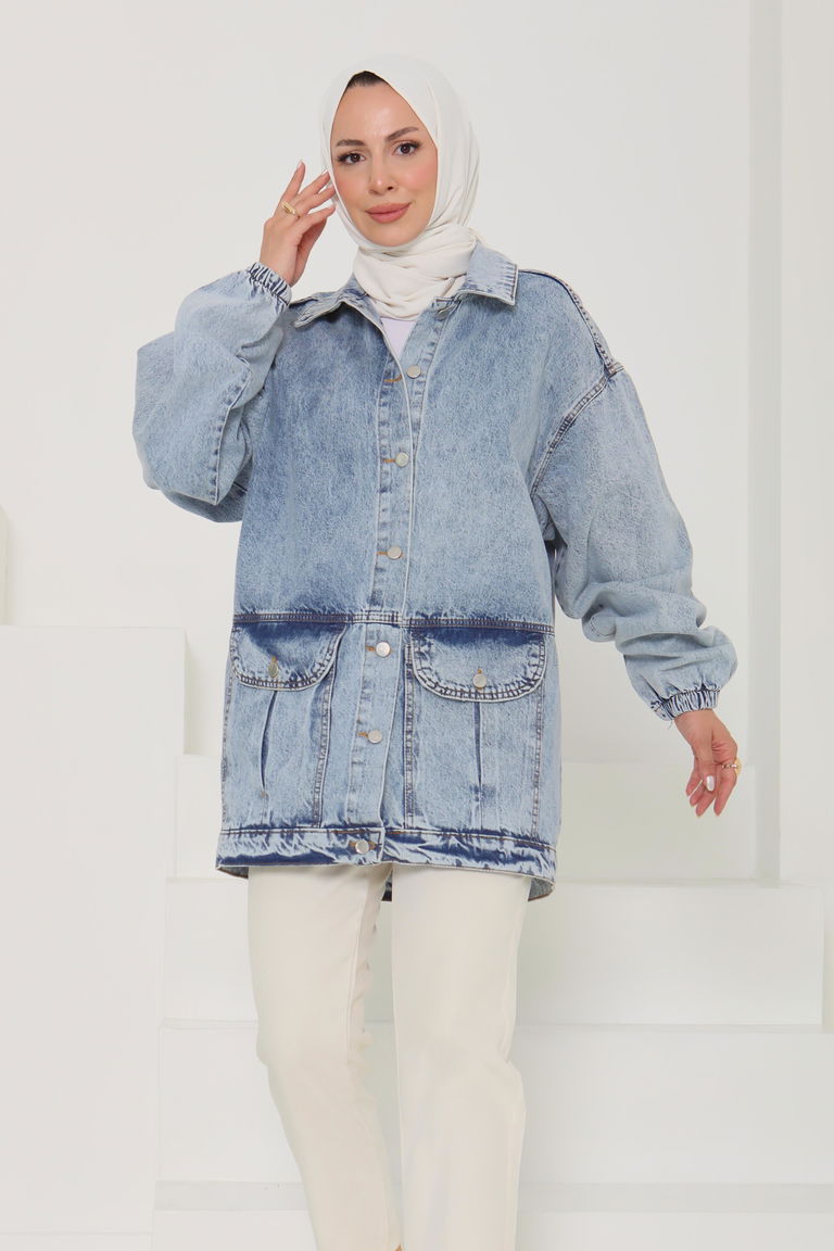 Kadın Oversize Körüklü Cep Kot Ceket - 26578 - TOFİSA