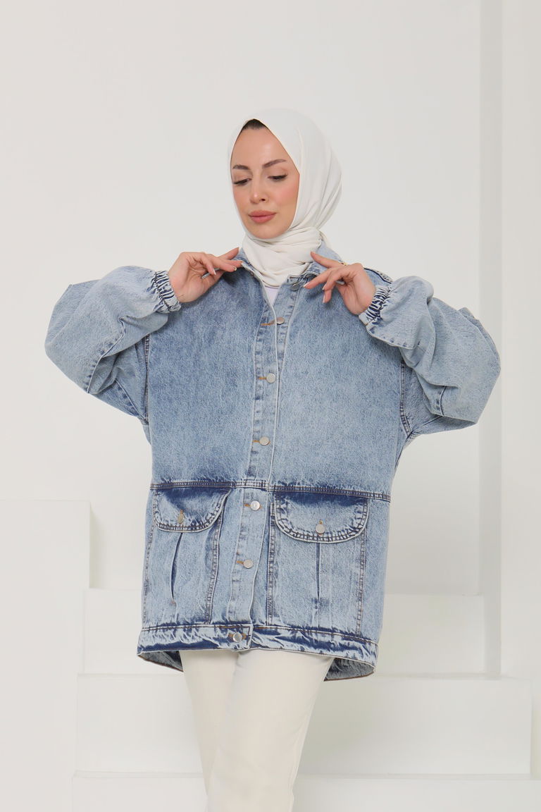 Kadın Oversize Körüklü Cep Kot Ceket - 26578 - TOFİSA