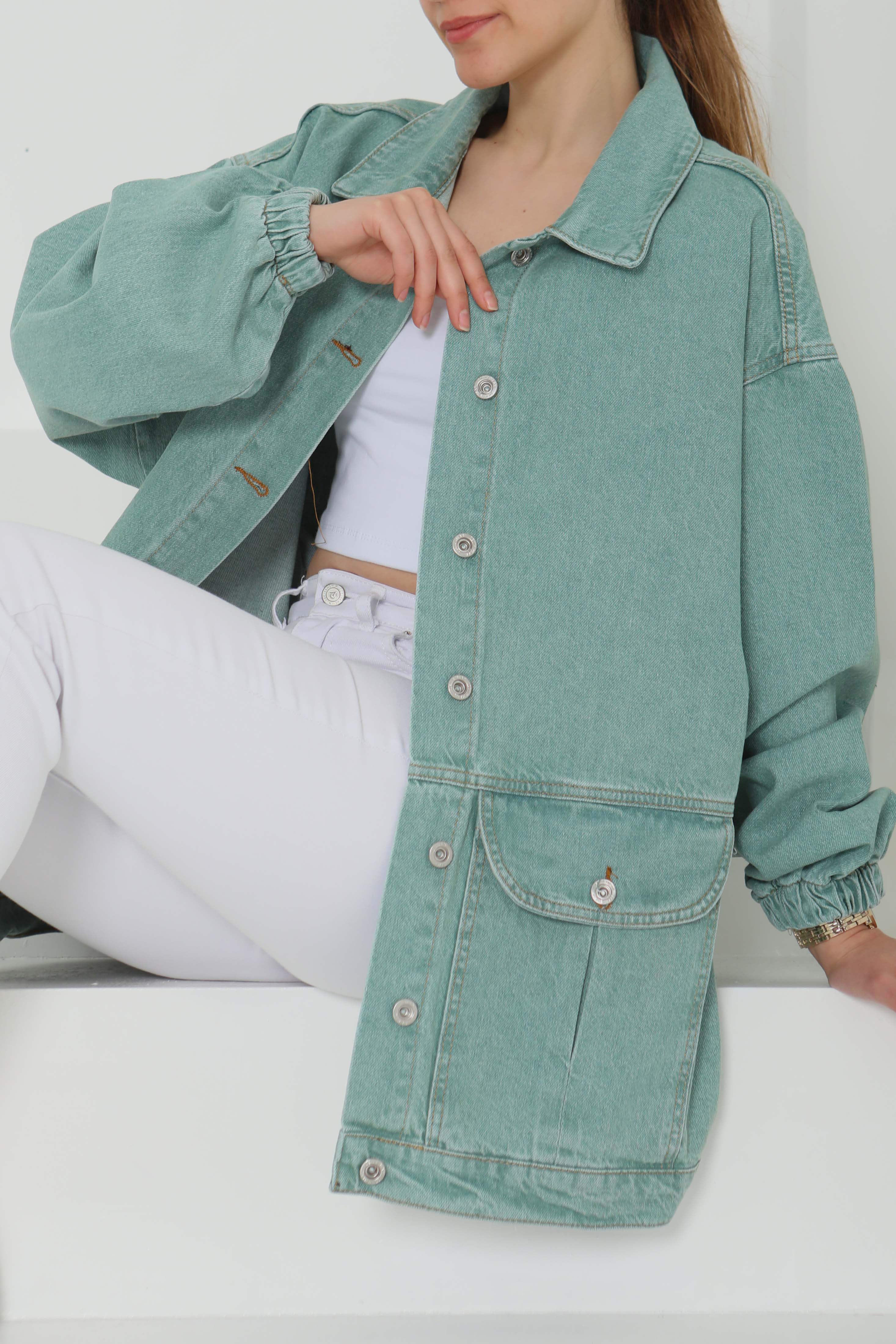 Kadın Oversize Körüklü Cep Kot Ceket - 26578 - 4