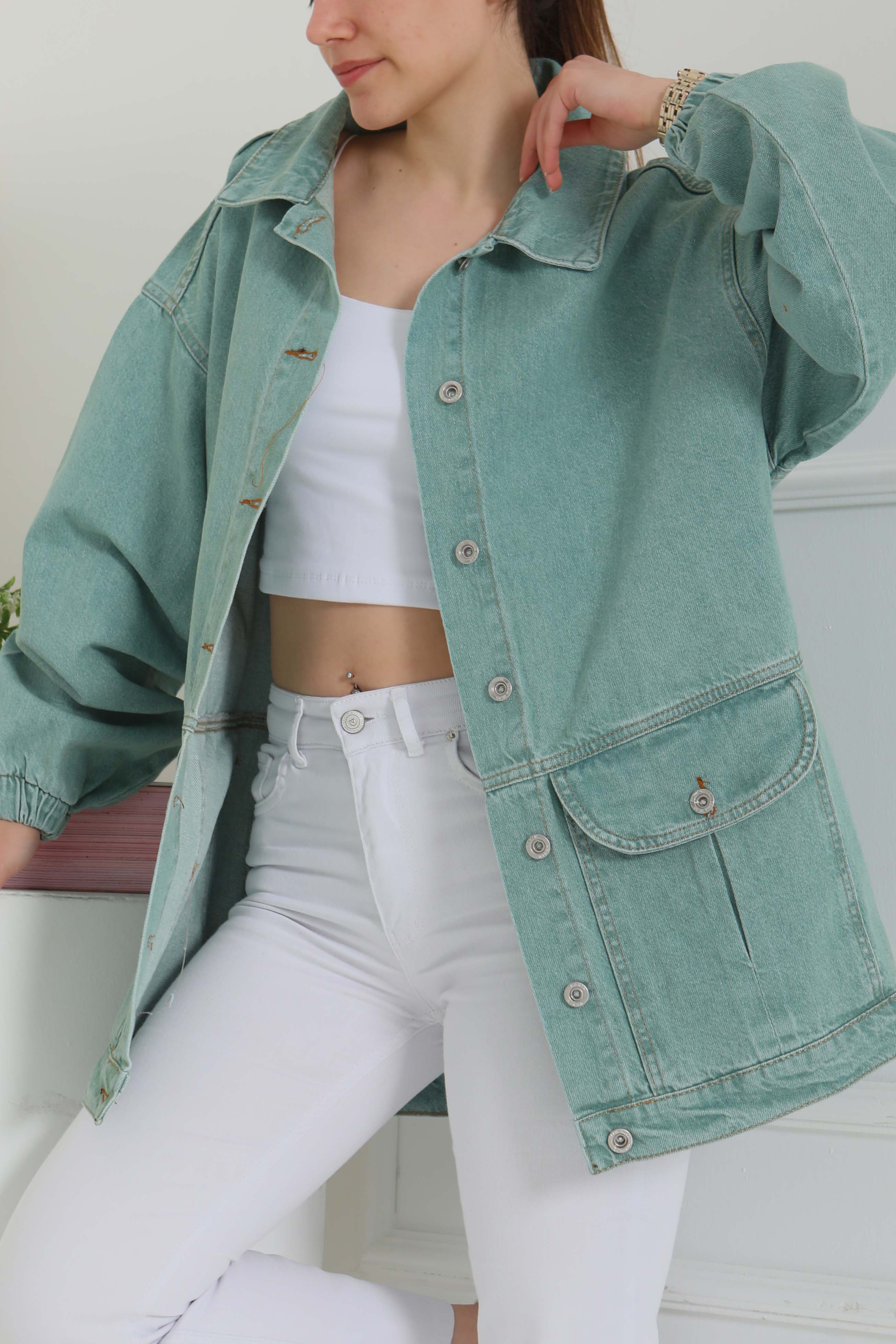 Kadın Oversize Körüklü Cep Kot Ceket - 26578 - 5