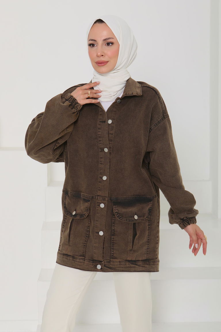 Kadın Oversize Körüklü Cep Kot Ceket - 26578 - TOFİSA