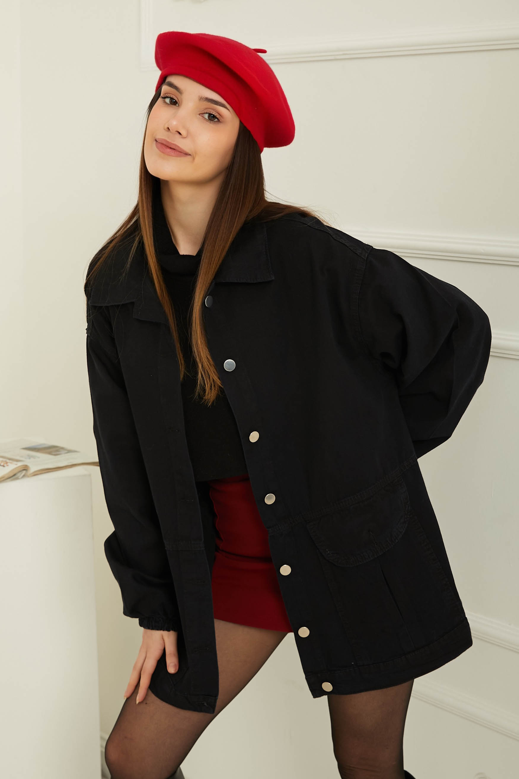 Kadın Oversize Körüklü Cep Kot Ceket Siyah - 26578 - 2