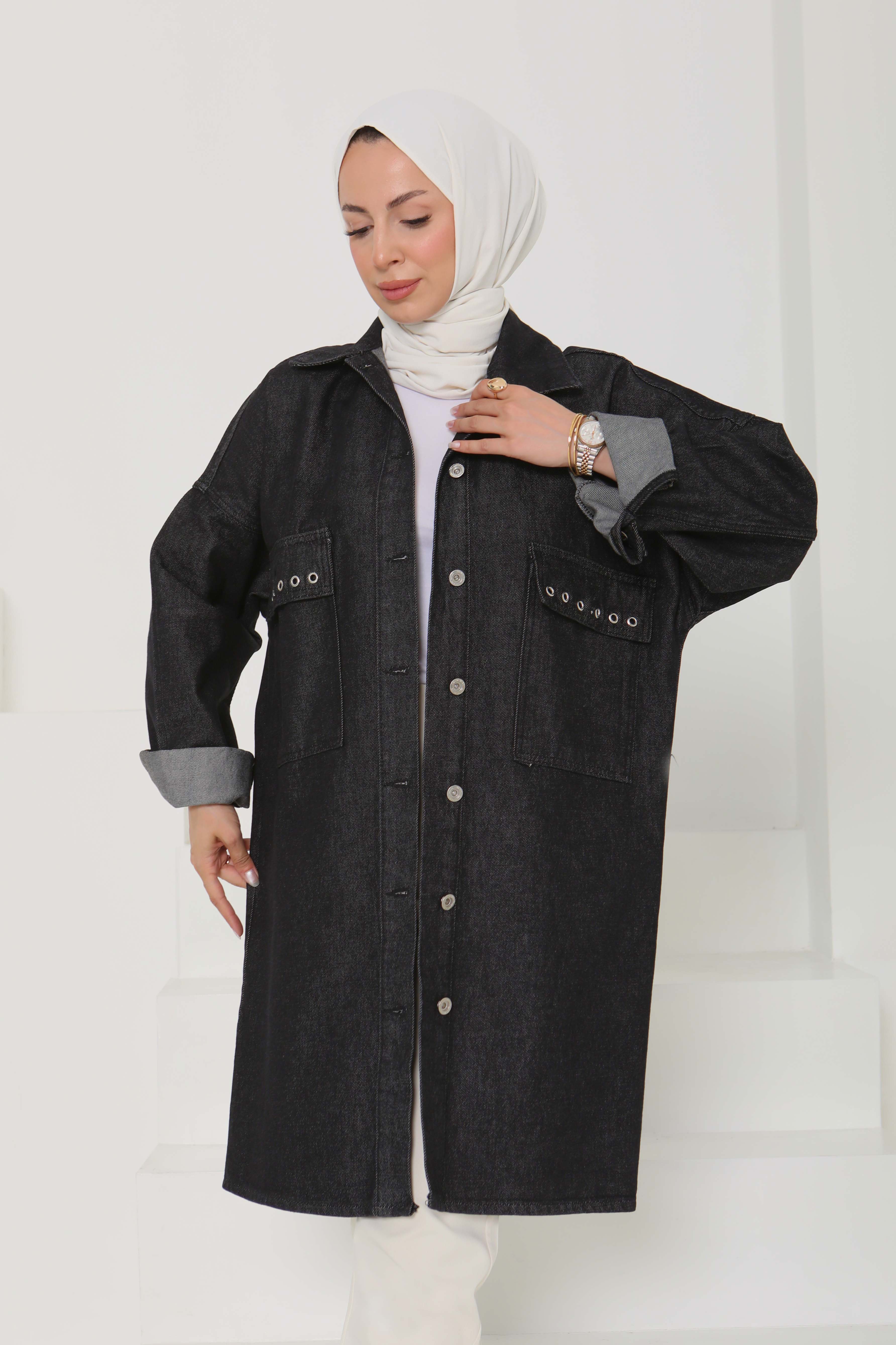 Kadın Oversize Kuş Gözü Cepli Kot Ceket Füme - 26579 - 10