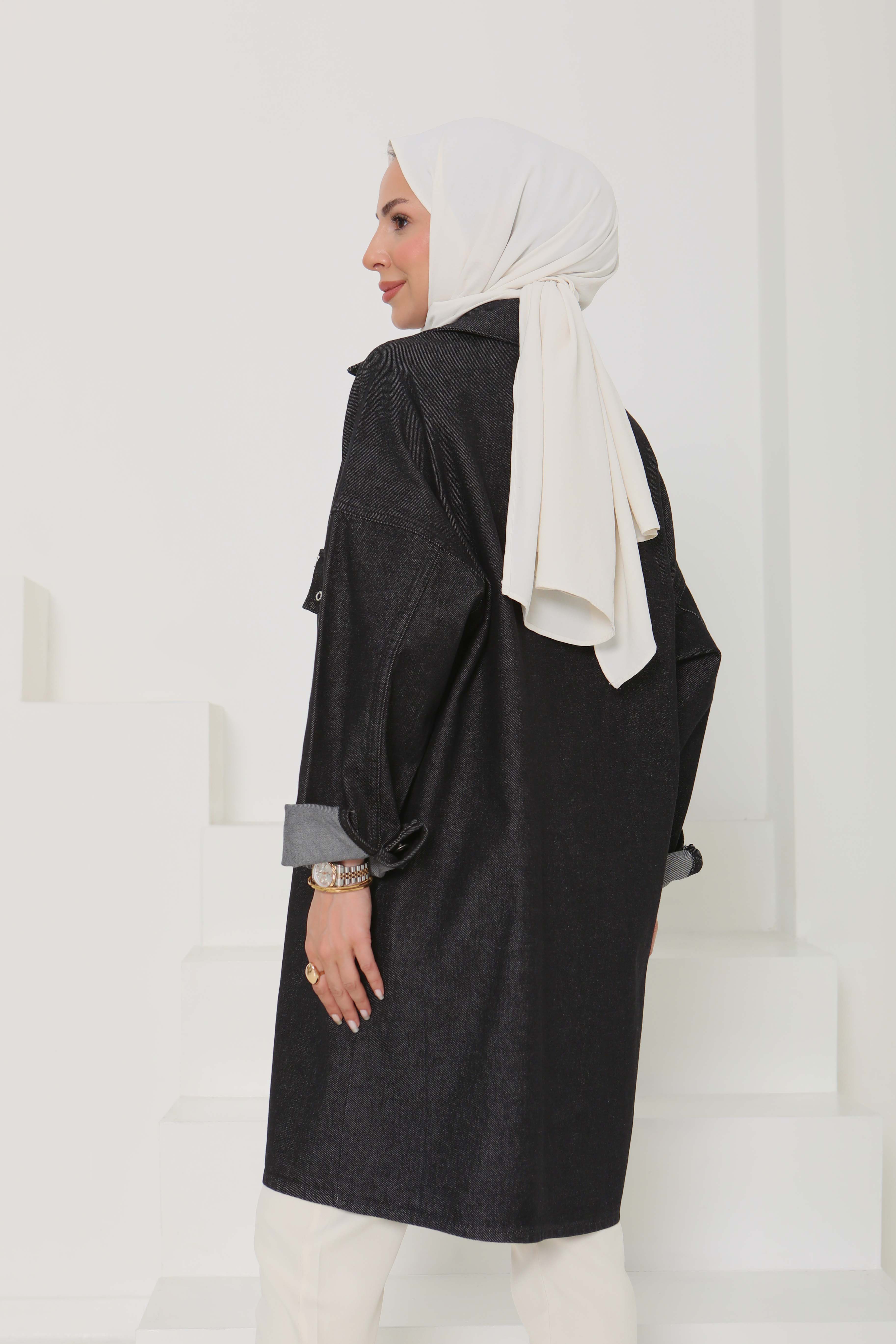 Kadın Oversize Kuş Gözü Cepli Kot Ceket Füme - 26579 - 12