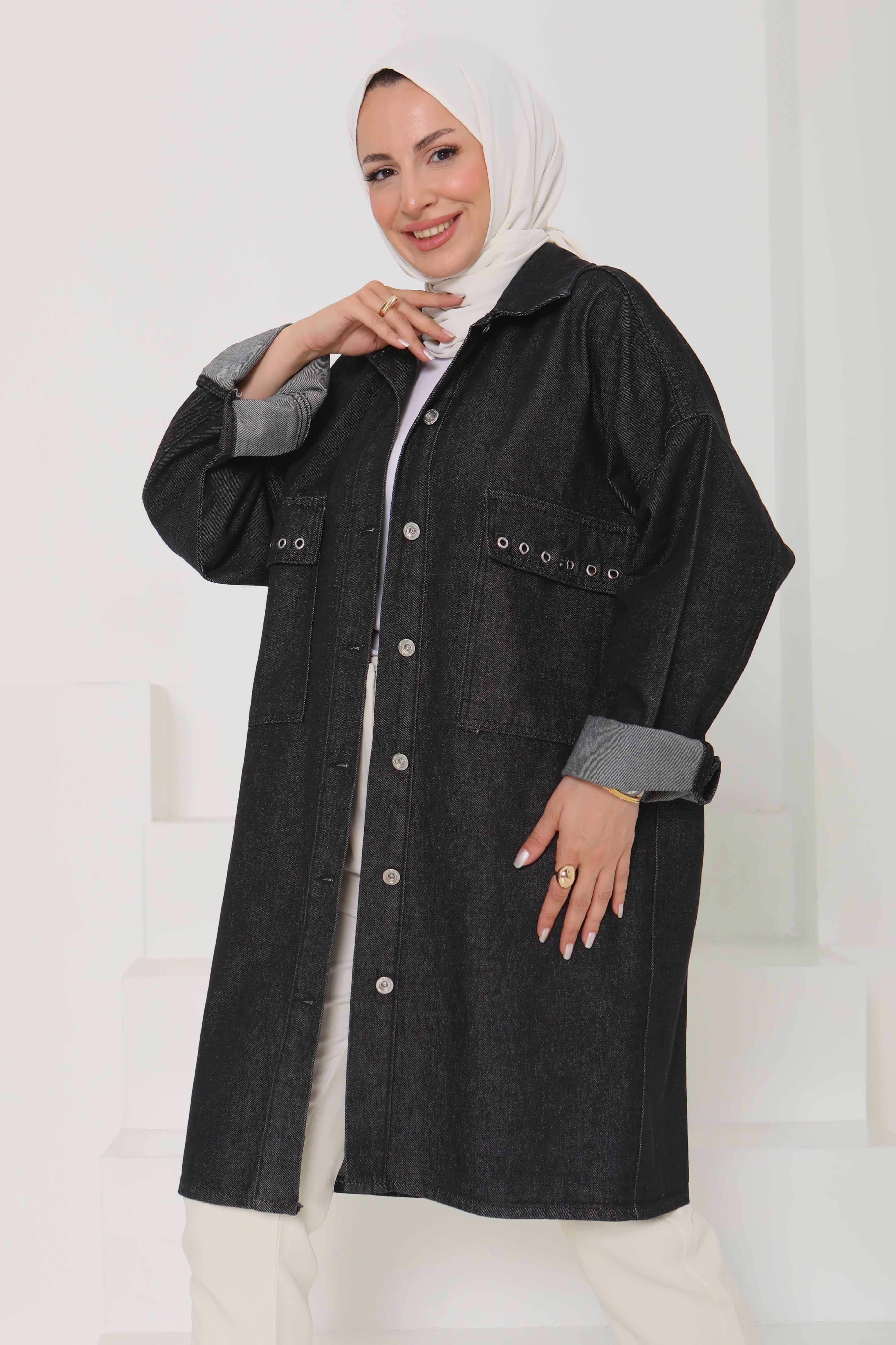 Kadın Oversize Kuş Gözü Cepli Kot Ceket Füme - 26579 - 1