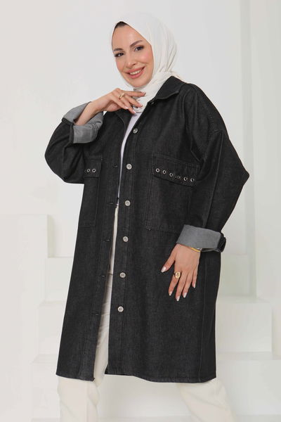 Kadın Oversize Kuş Gözü Cepli Kot Ceket Füme - 26579 