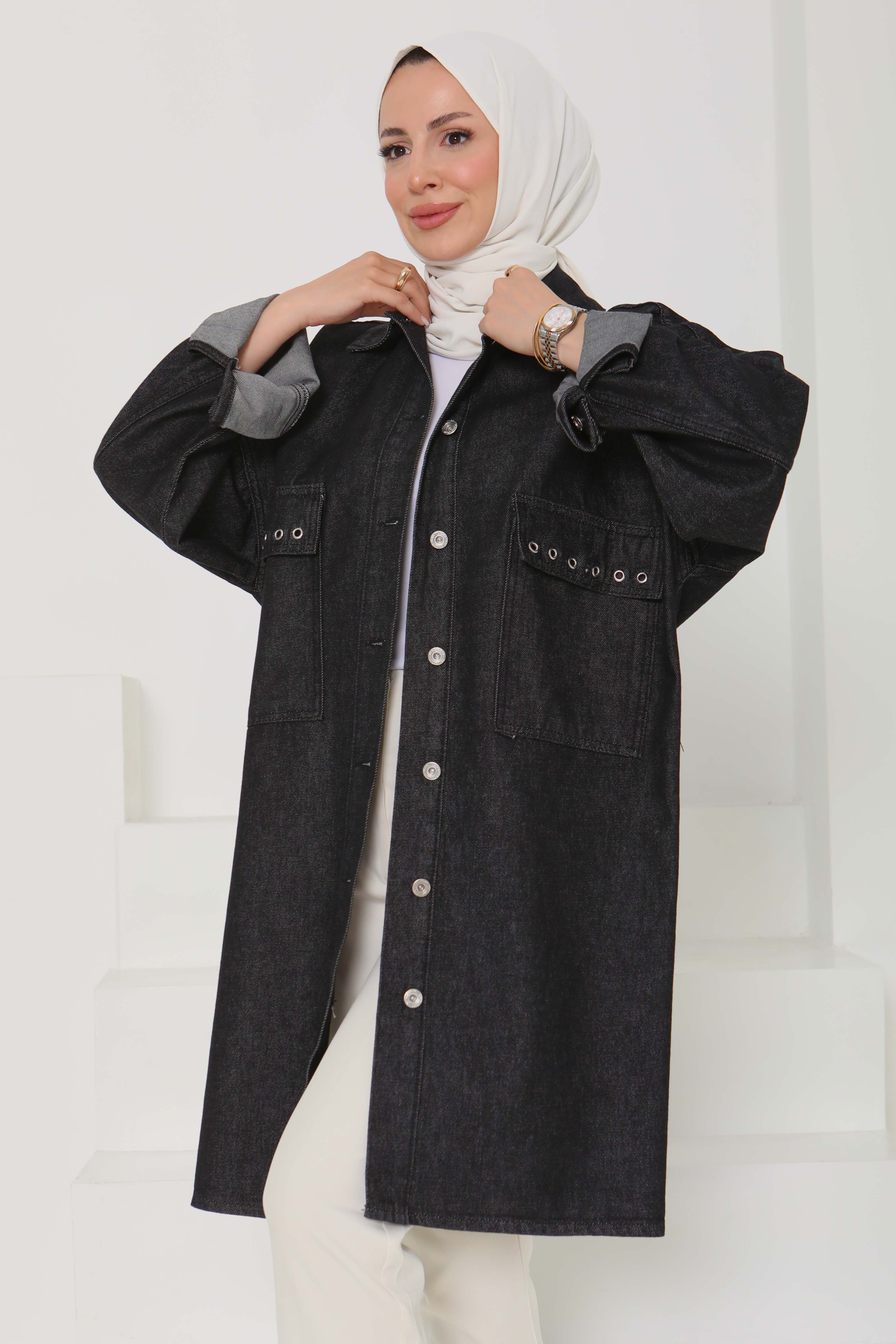 Kadın Oversize Kuş Gözü Cepli Kot Ceket Füme - 26579 - 2