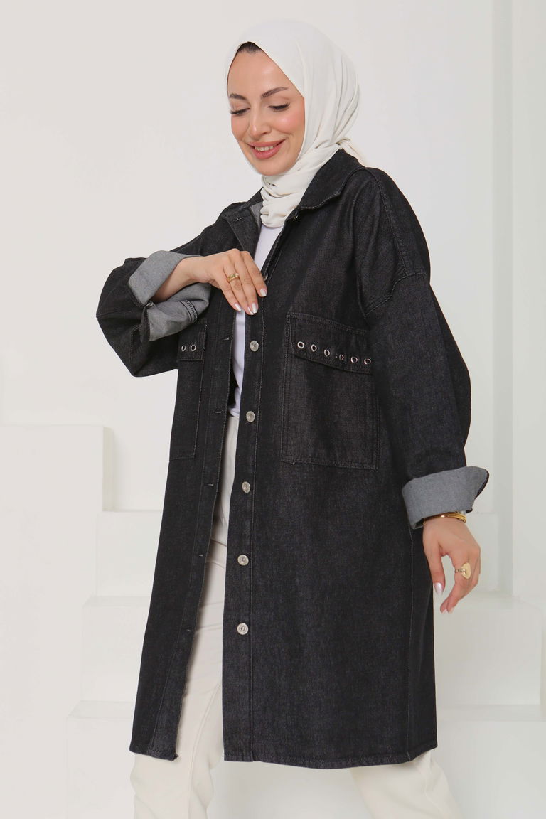 Kadın Oversize Kuş Gözü Cepli Kot Ceket Füme - 26579 - TOFİSA