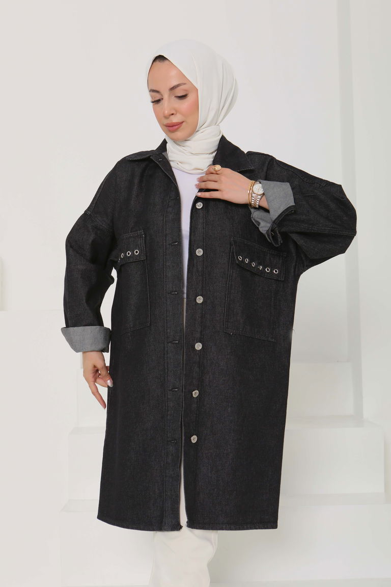 Kadın Oversize Kuş Gözü Cepli Kot Ceket Füme - 26579 - TOFİSA