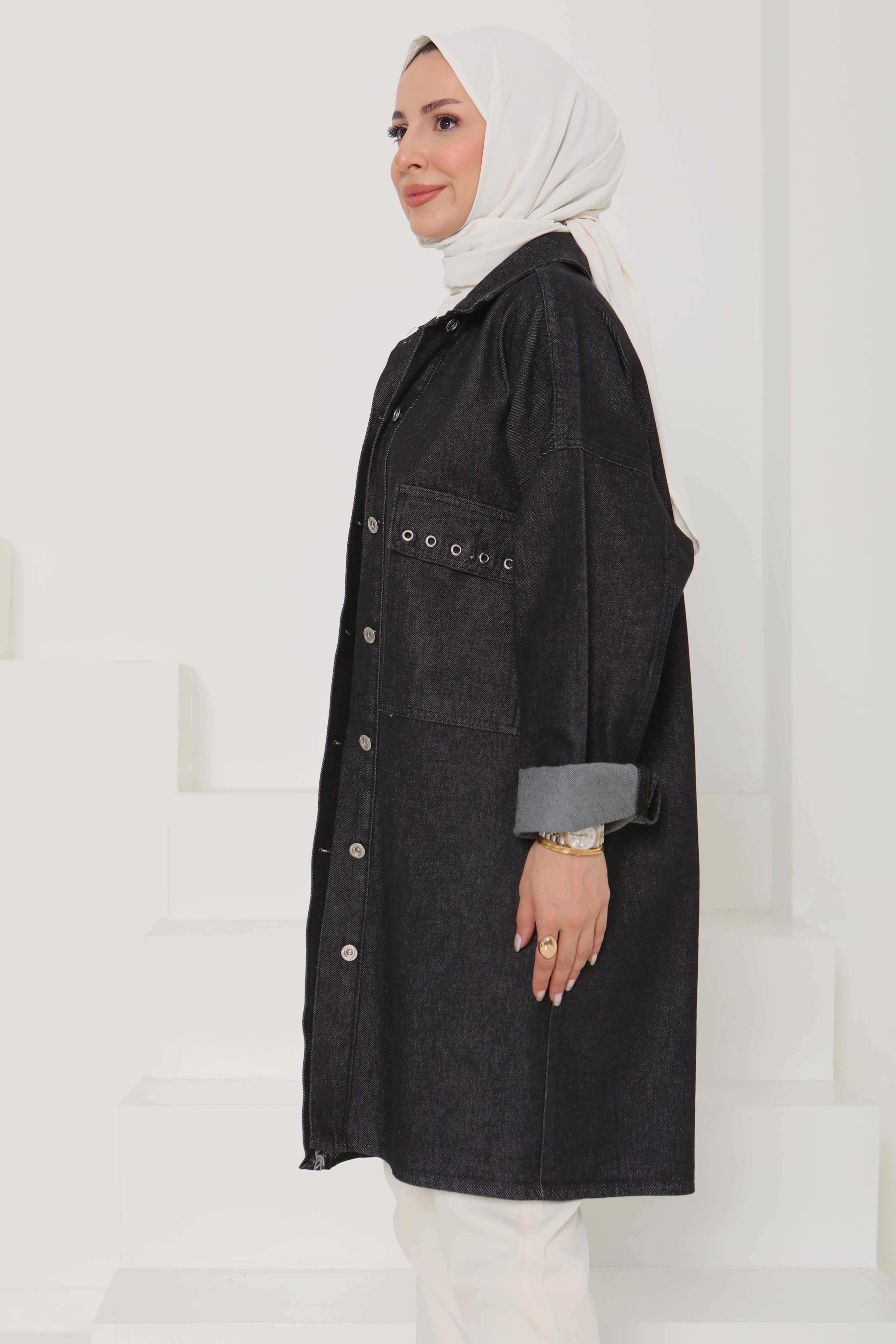 Kadın Oversize Kuş Gözü Cepli Kot Ceket Füme - 26579 - 5