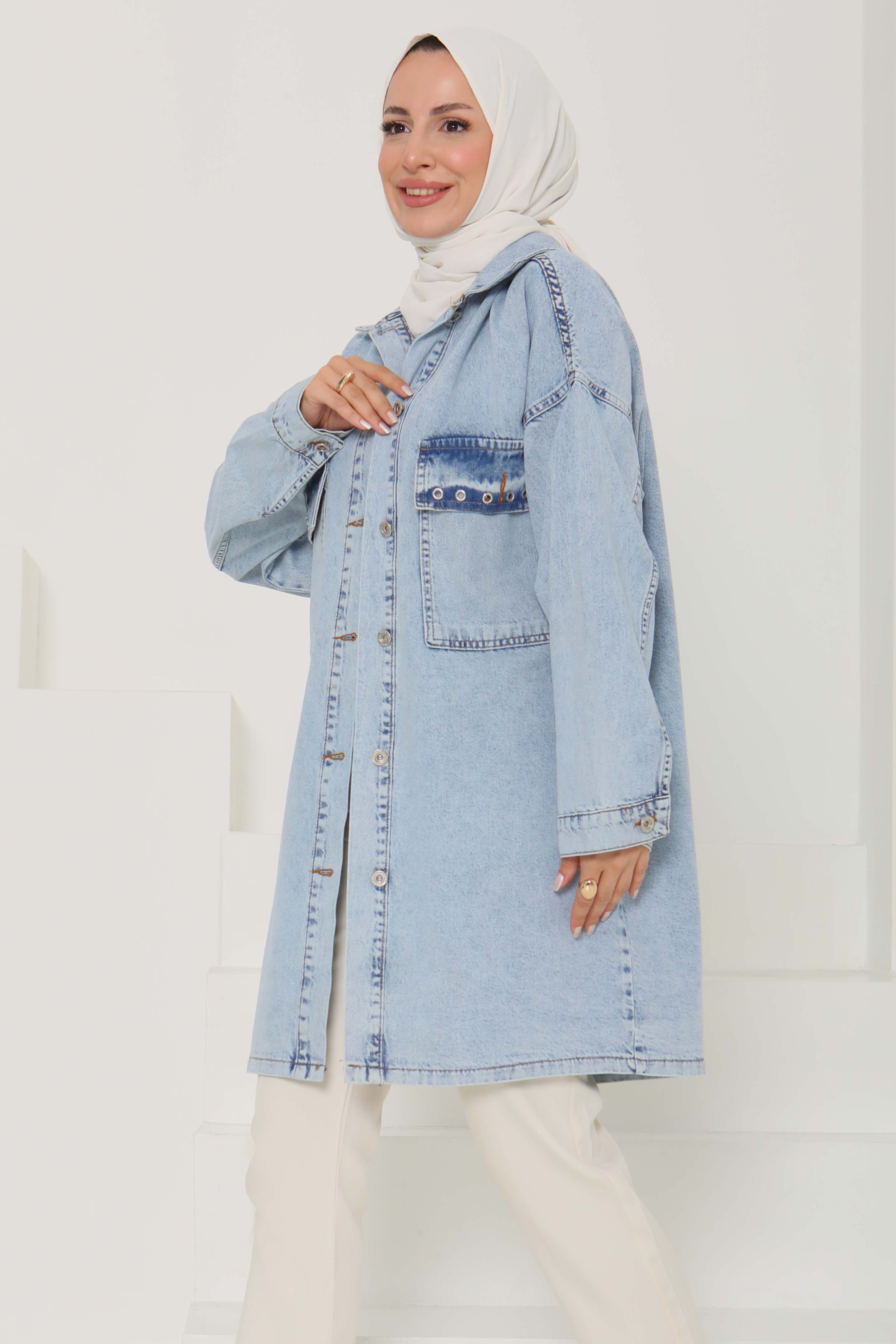 Kadın Oversize Kuş Gözü Cepli Kot Ceket Buz Mavi - 26579 - 1