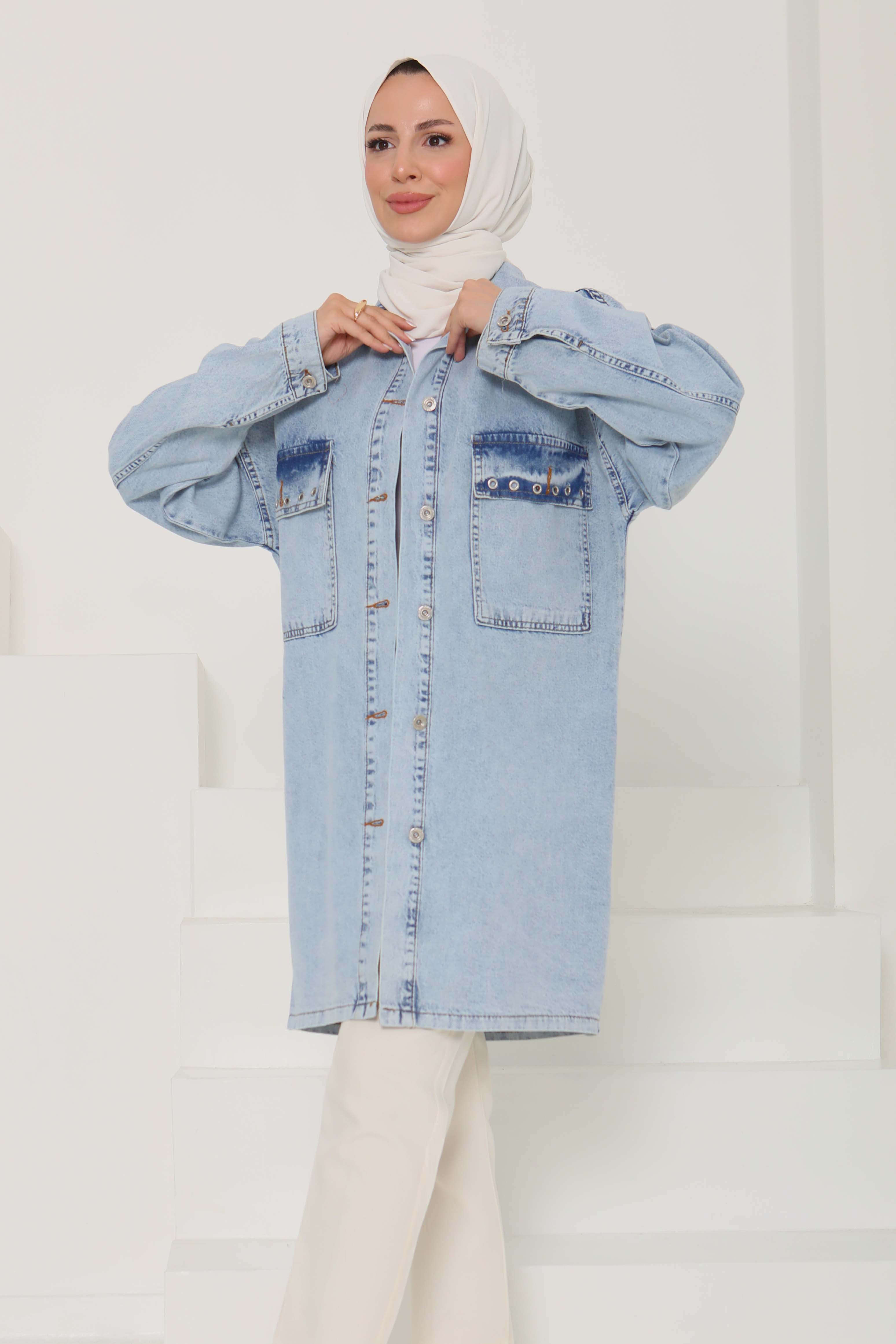 Kadın Oversize Kuş Gözü Cepli Kot Ceket Buz Mavi - 26579 - 2