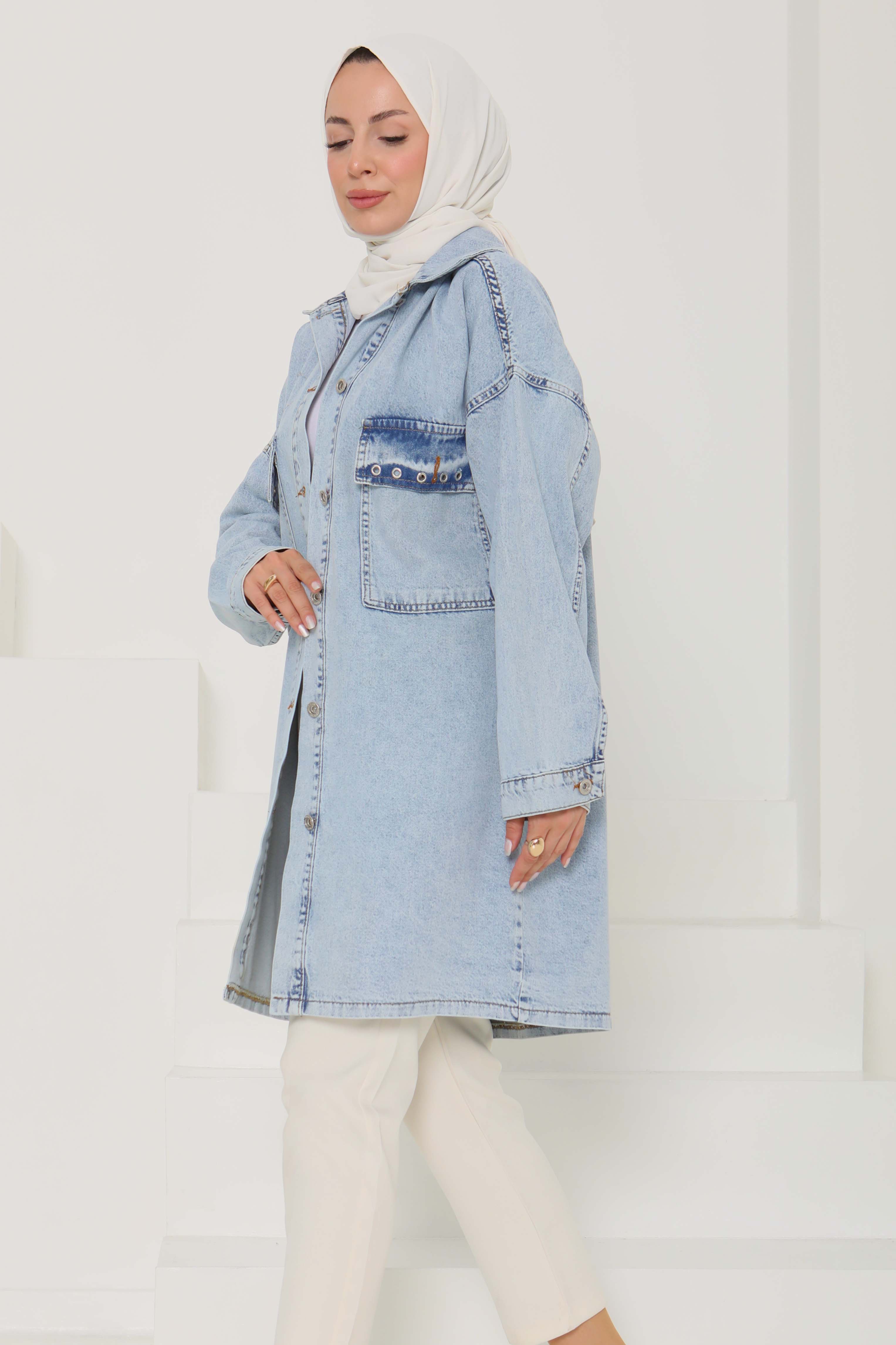 Kadın Oversize Kuş Gözü Cepli Kot Ceket Buz Mavi - 26579 - 3