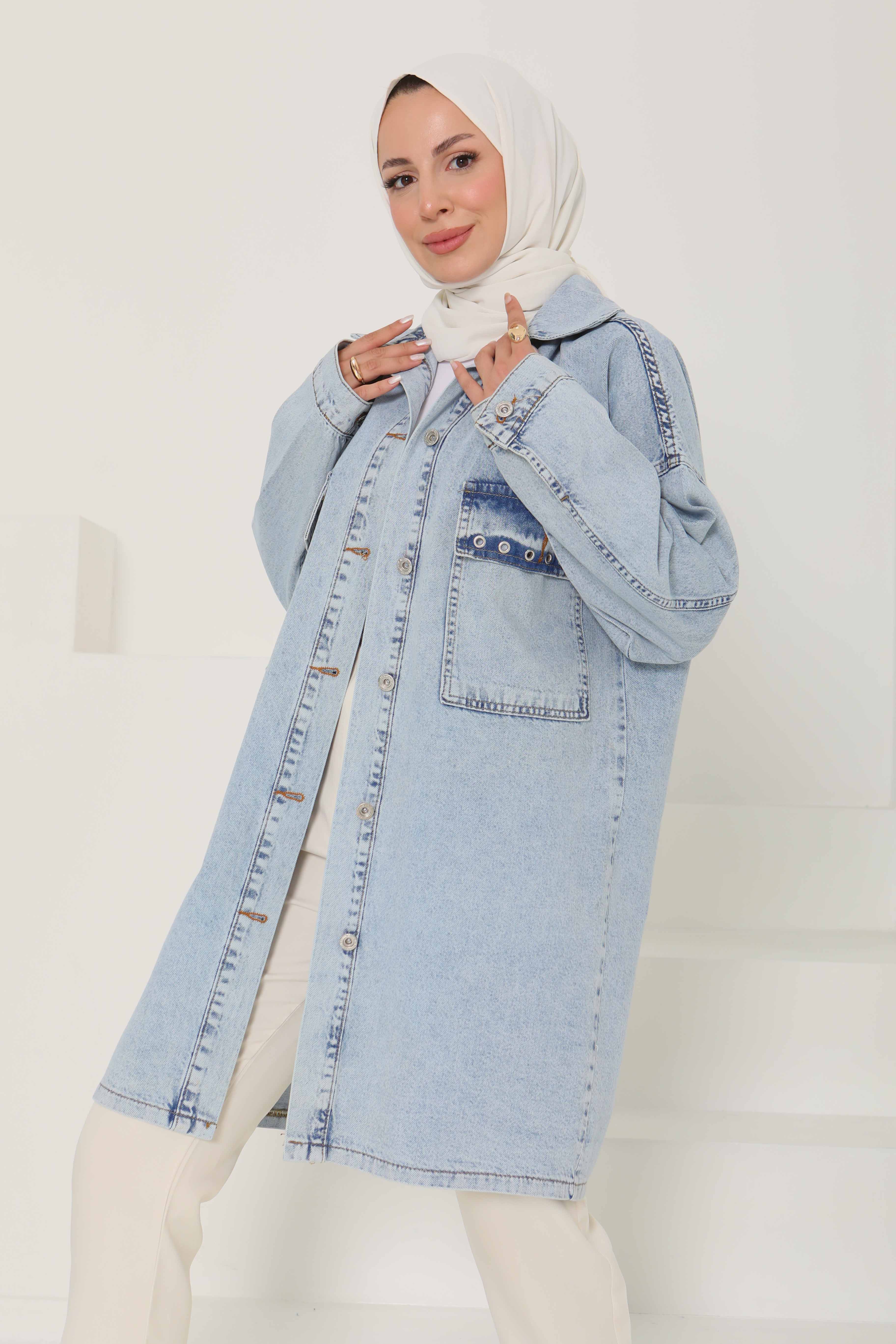 Kadın Oversize Kuş Gözü Cepli Kot Ceket Buz Mavi - 26579 - 4