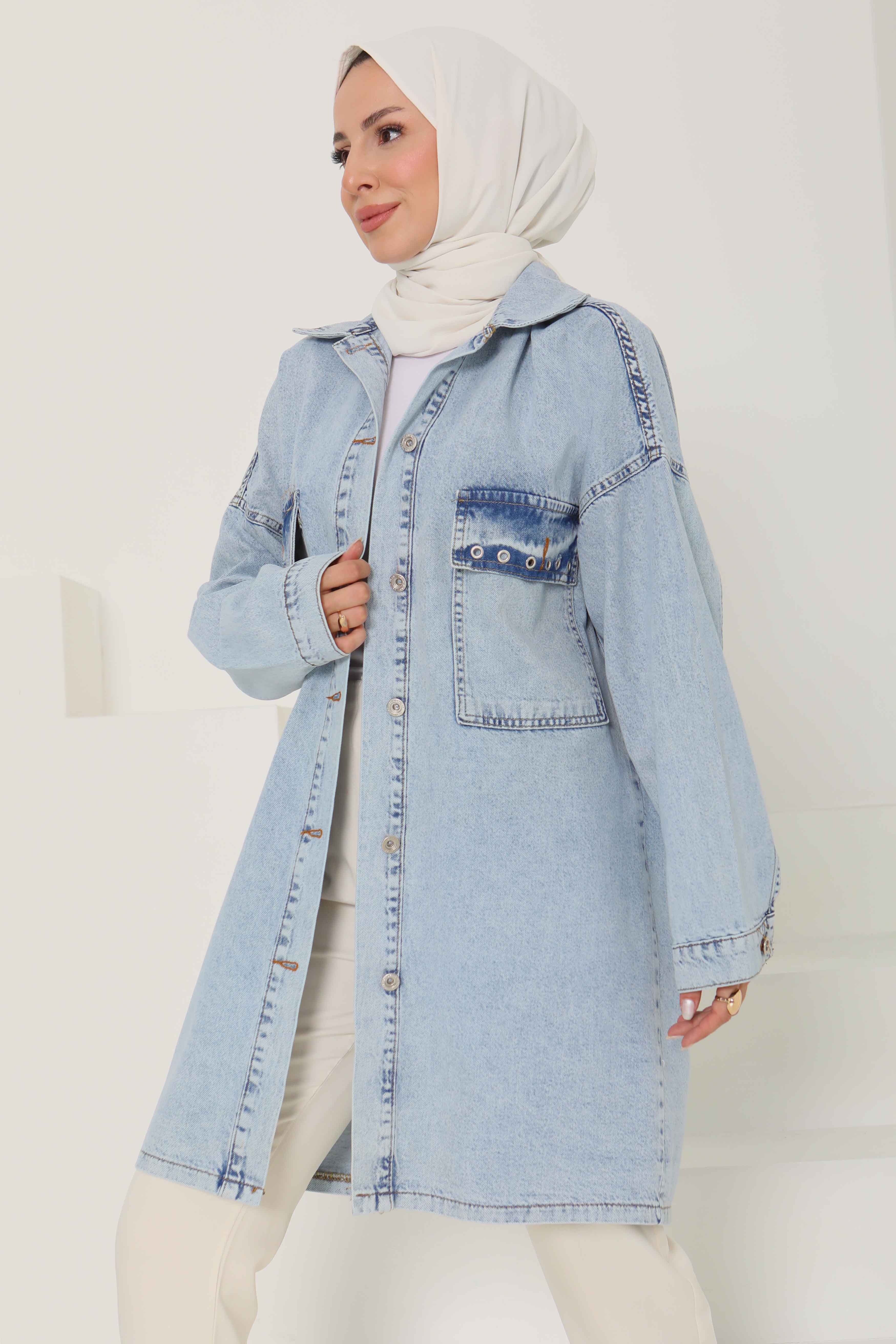Kadın Oversize Kuş Gözü Cepli Kot Ceket Buz Mavi - 26579 - 5