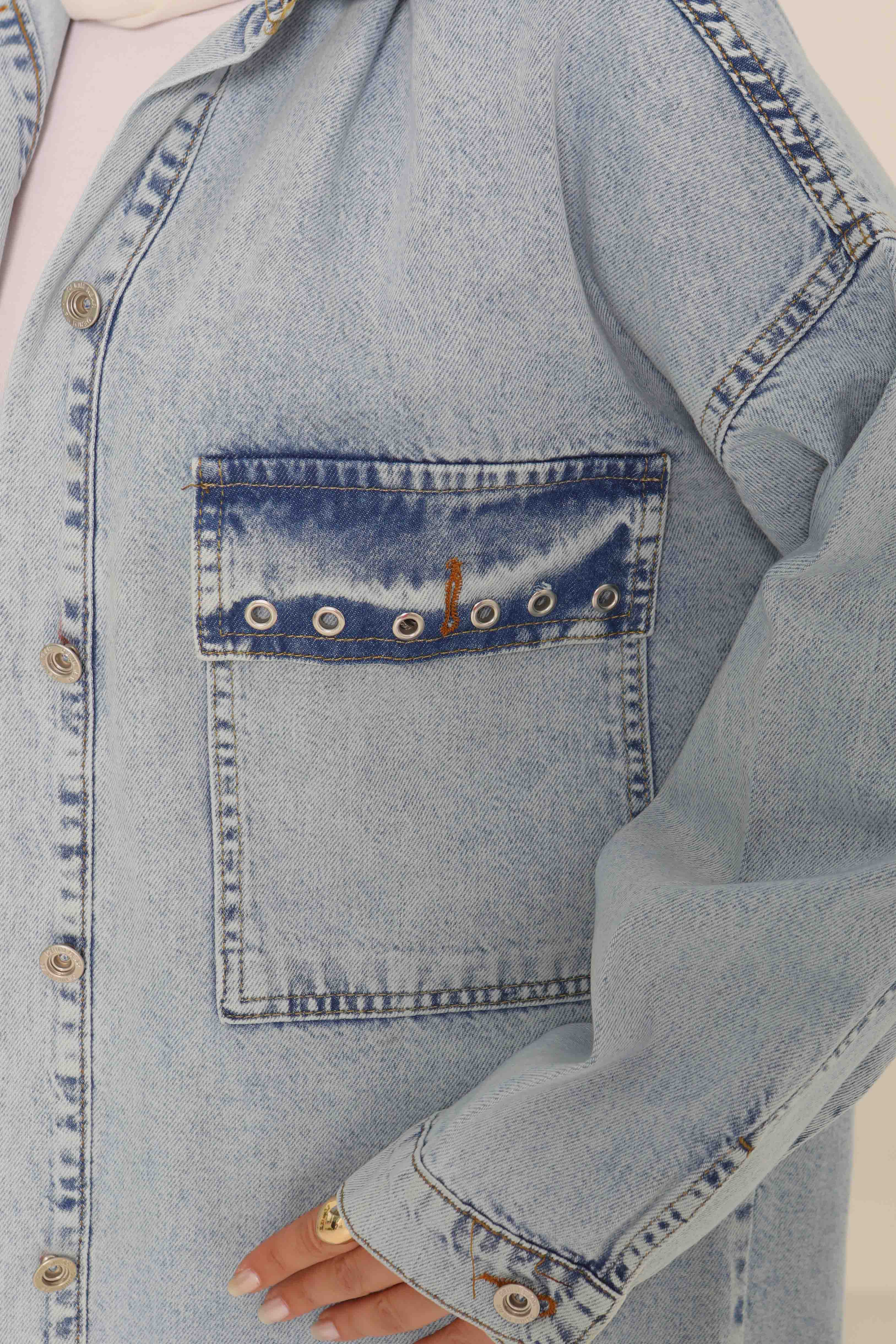 Kadın Oversize Kuş Gözü Cepli Kot Ceket Buz Mavi - 26579 - 6