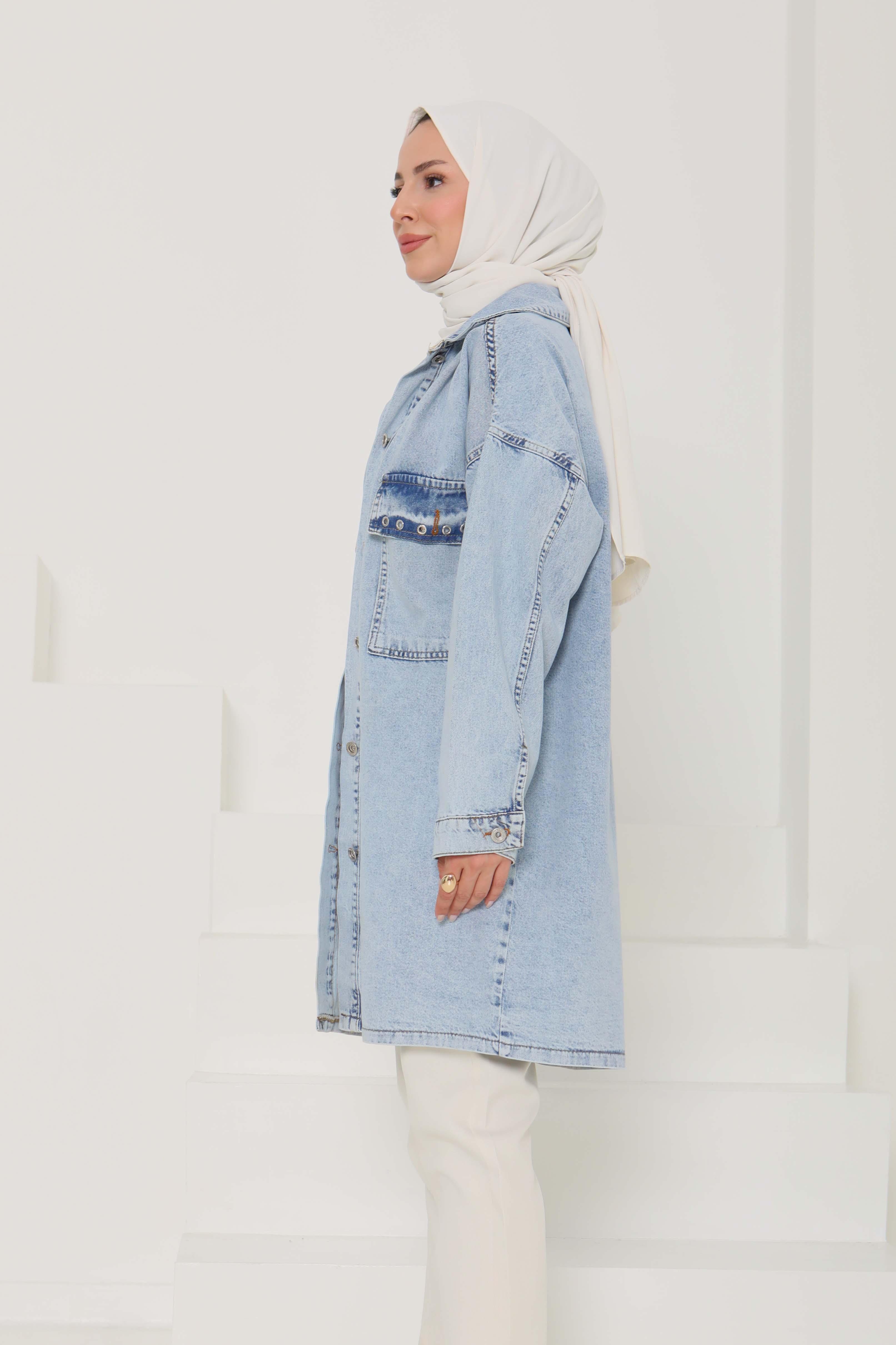 Kadın Oversize Kuş Gözü Cepli Kot Ceket Buz Mavi - 26579 - 7