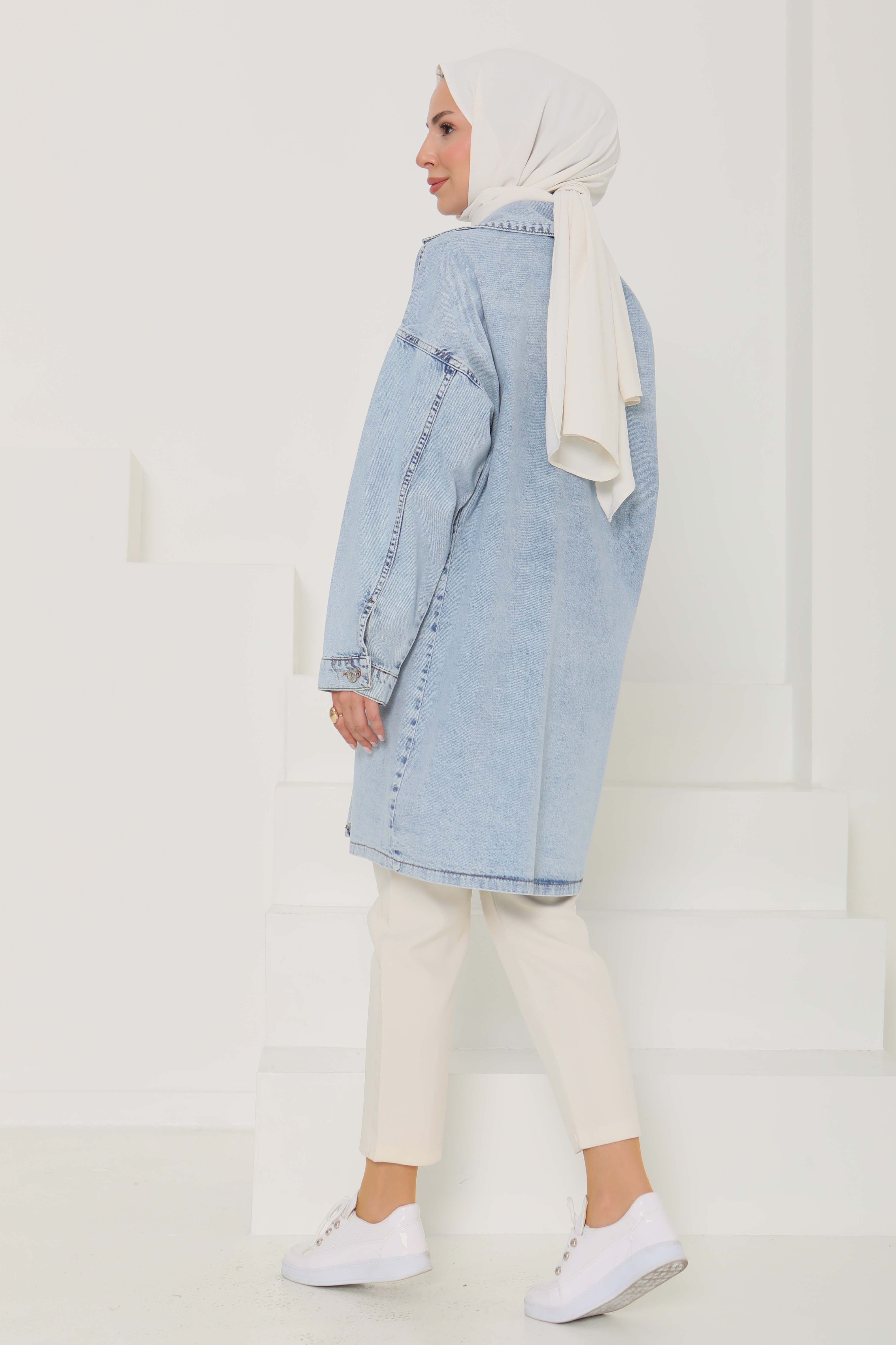 Kadın Oversize Kuş Gözü Cepli Kot Ceket Buz Mavi - 26579 - 8