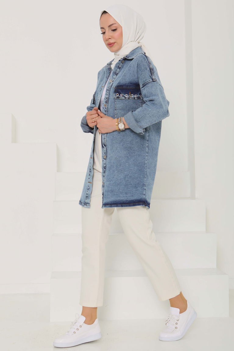 Kadın Oversize Kuş Gözü Cepli Kot Ceket Mavi - 26579 - TOFİSA