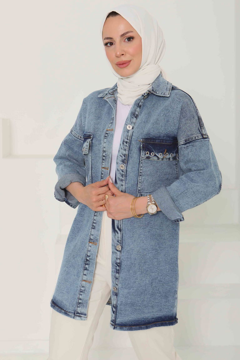 Kadın Oversize Kuş Gözü Cepli Kot Ceket Mavi - 26579 - TOFİSA