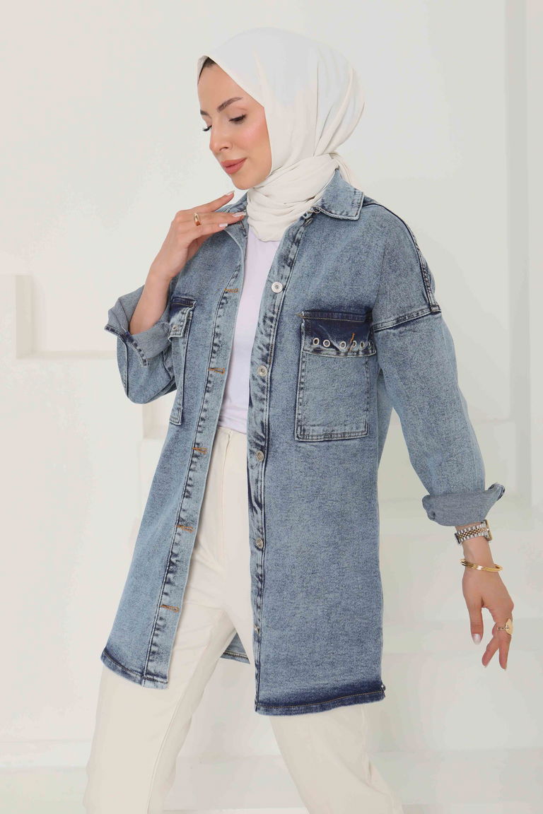 Kadın Oversize Kuş Gözü Cepli Kot Ceket Mavi - 26579 - TOFİSA