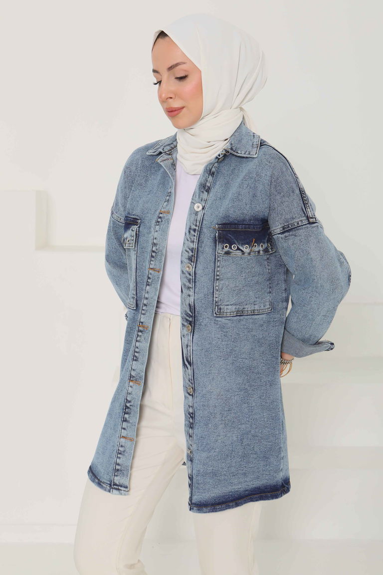 Kadın Oversize Kuş Gözü Cepli Kot Ceket Mavi - 26579 - TOFİSA