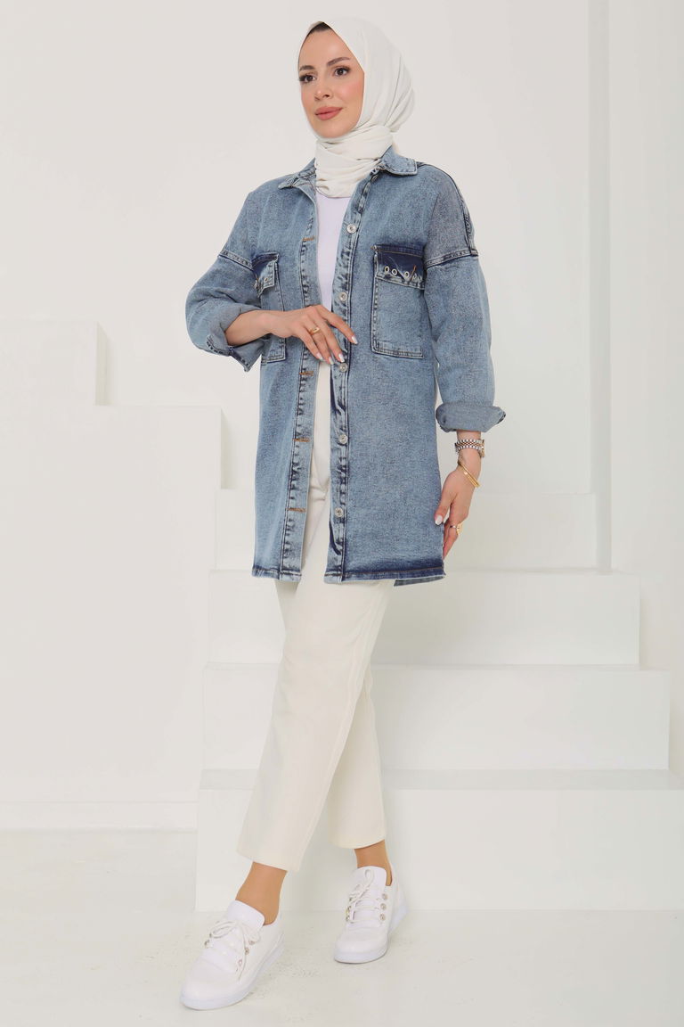 Kadın Oversize Kuş Gözü Cepli Kot Ceket Mavi - 26579 - TOFİSA