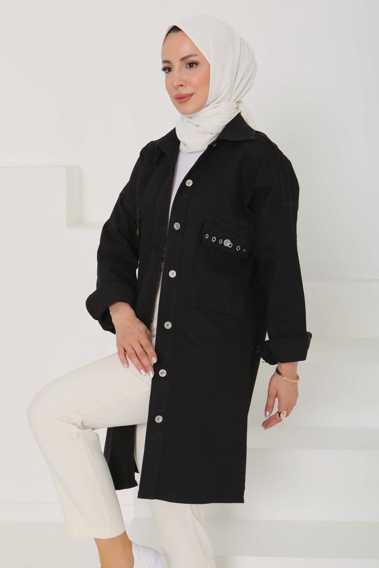 Kadın Oversize Kuş Gözü Cepli Kot Ceket Siyah - 26579 - TOFİSA